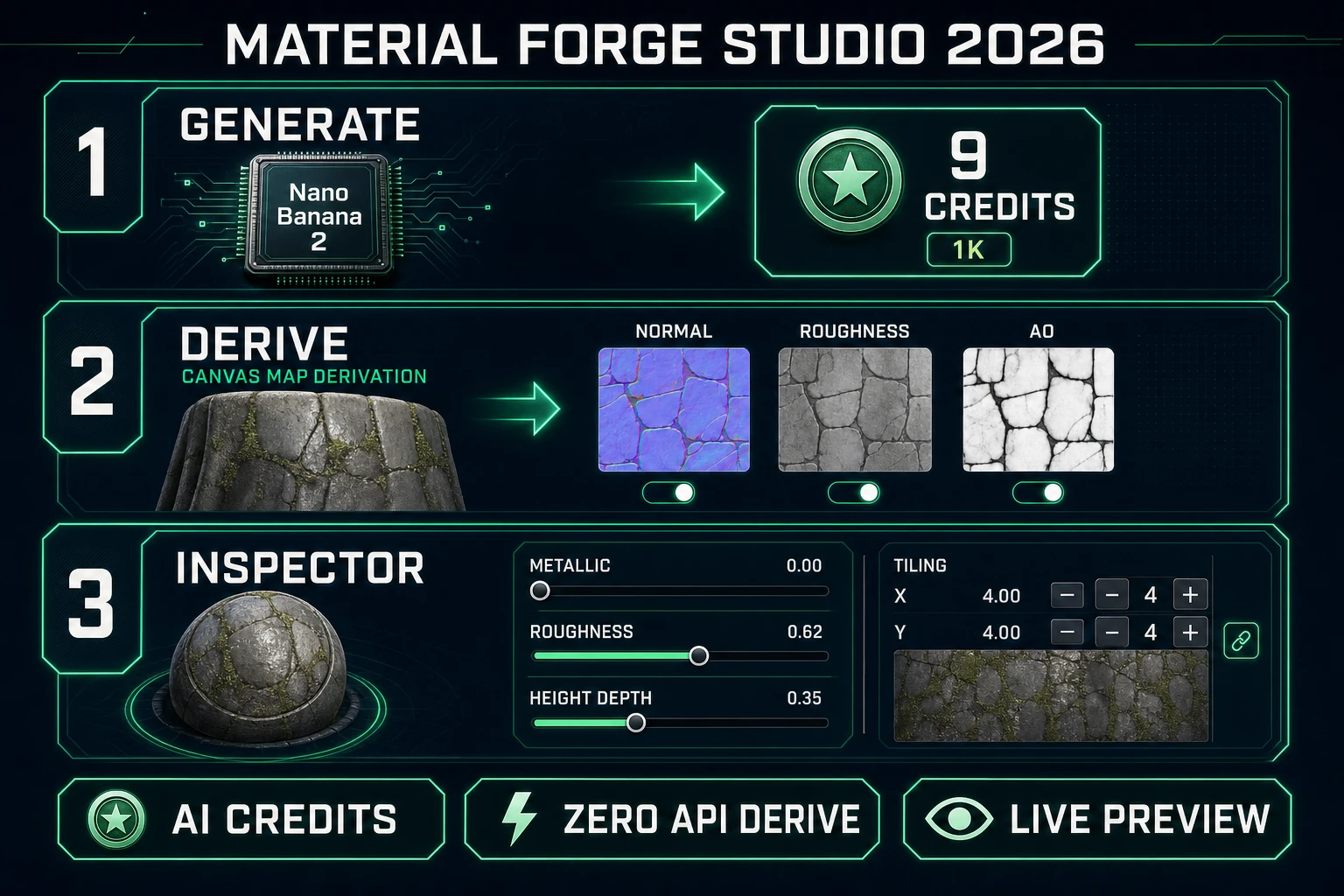 Material Forge ai pbr texture generator: Nano Banana 2 generate, derive maps, inspector sliders