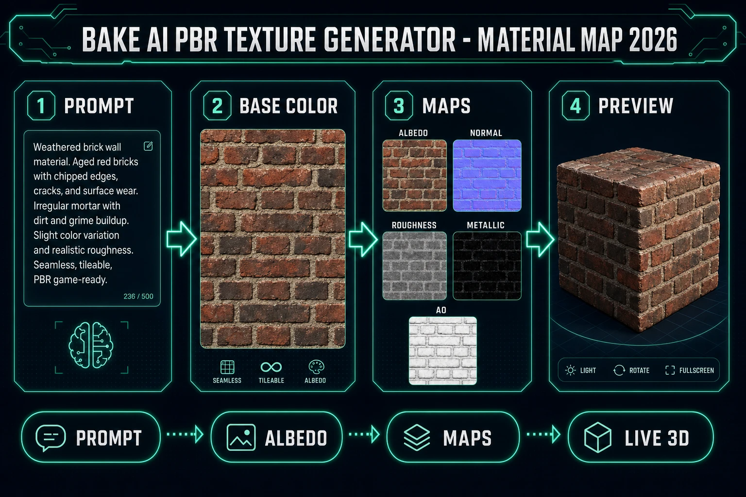 AI PBR texture generator pipeline: prompt, albedo, material maps, live 3D preview