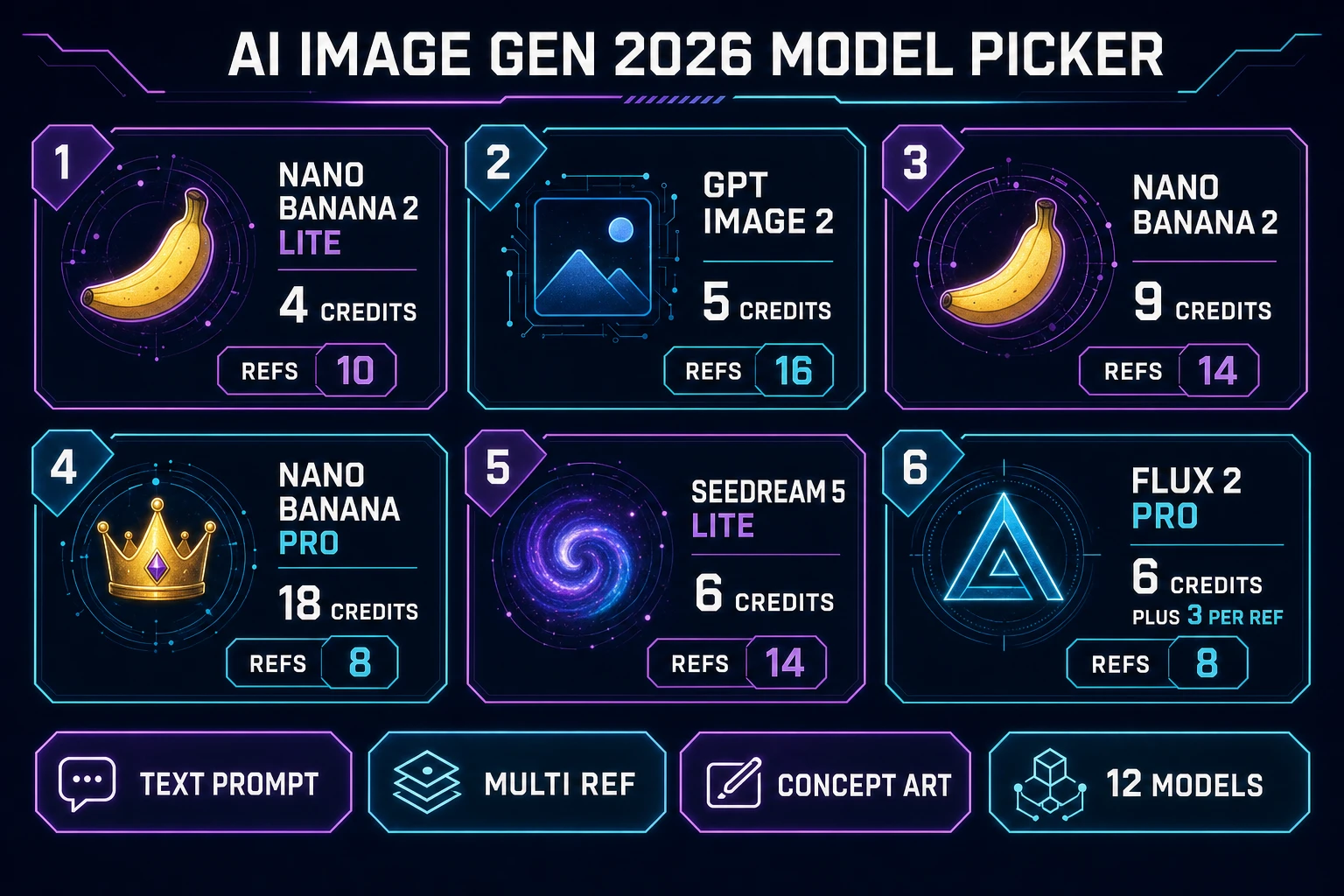 AI Image Gen model picker for the ai game art generator 2026: Nano Banana 2 Lite at 4 credits, GPT Image 2 at 5 credits, Nano Banana 2 at 9 credits, Nano Banana Pro at 18 credits, plus Seedream 5 Lite and Flux 2 Pro reference workhorses