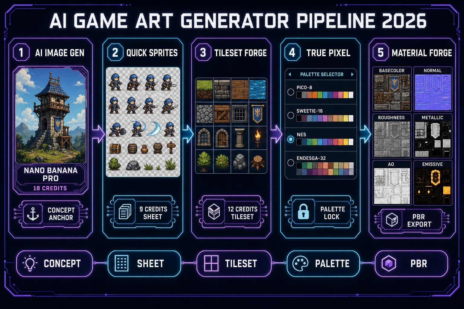 AI game art generator pipeline 2026: AI Image Gen concept portrait, Quick Sprites transparent PNG sheet, Tileset Forge grid, True Pixel palette selector, and Material Forge six-map PBR export