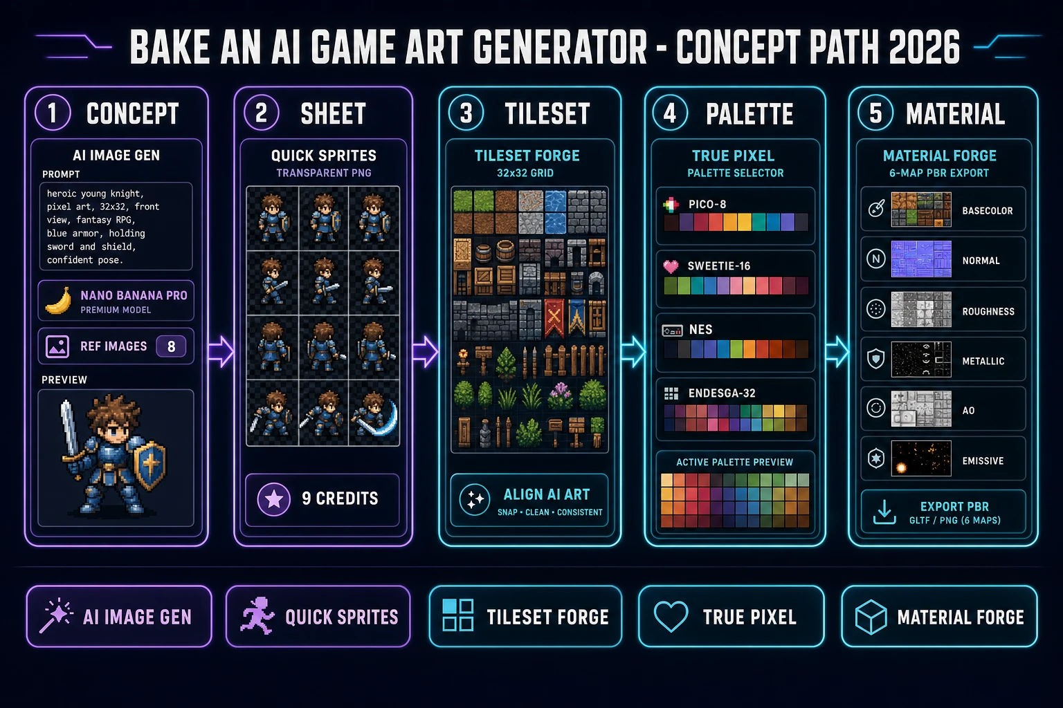 Bake an ai game art generator concept path 2026: five-panel Sorceress pipeline showing an AI Image Gen concept portrait, a Quick Sprites sheet, a Tileset Forge grid, a True Pixel palette, and a Material Forge PBR map set