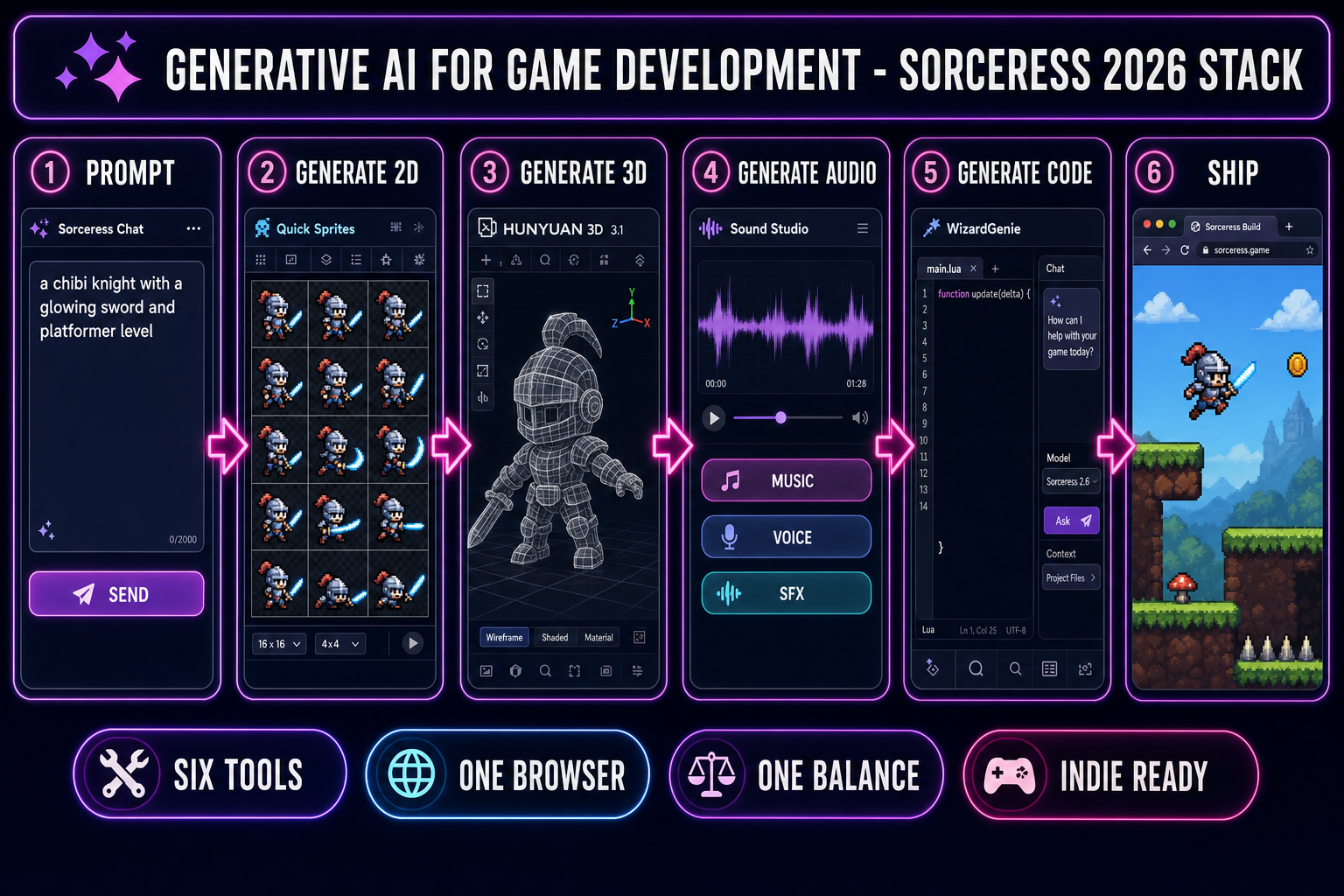 Six-panel pipeline diagram for generative ai for game development — prompt to 2D sprite to 3D mesh to audio to code to shipped browser game