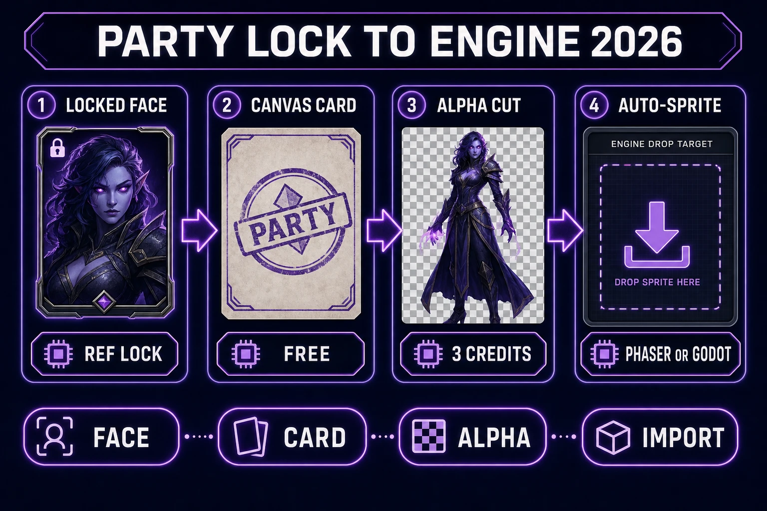 Character AI generator engine handoff: locked face, Canvas card, alpha, Auto-Sprite sheet to engine drop target