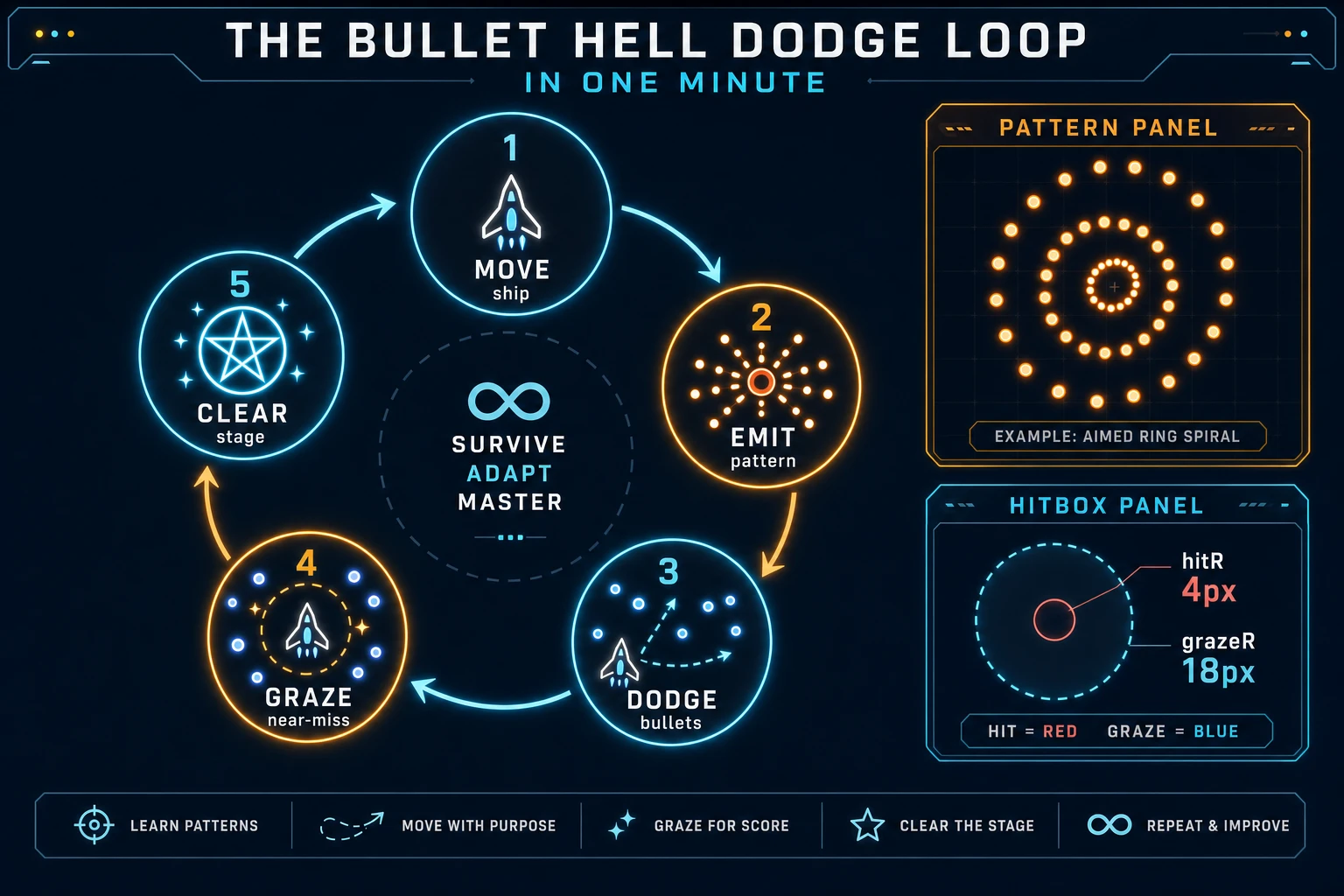 Bullet hell game loop state machine diagram showing move, emit patterns, dodge bullets, graze near-miss, and clear stage