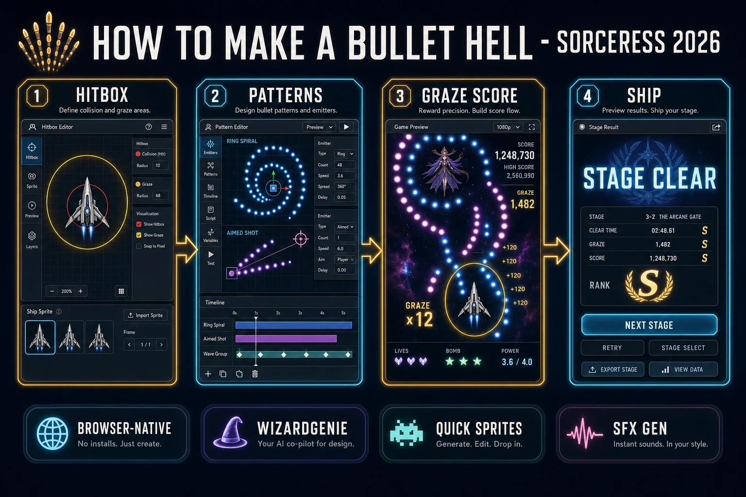 How to make a bullet hell browser pipeline: wire tiny hitbox, pattern emitters, and graze scoring in WizardGenie, then ship a browser dodge loop