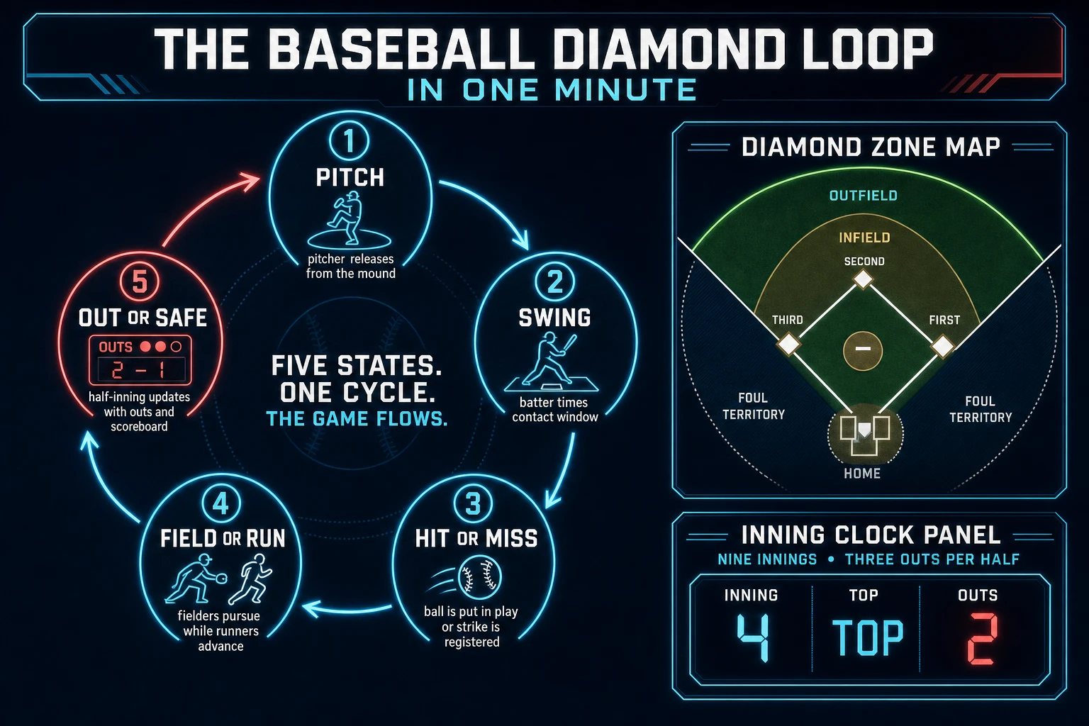 Baseball diamond loop state machine diagram showing pitch release from the mound, batter swing with contact window, hit or miss outcome, field or run pursuit, and out or safe scoreboard update with three-out half-innings