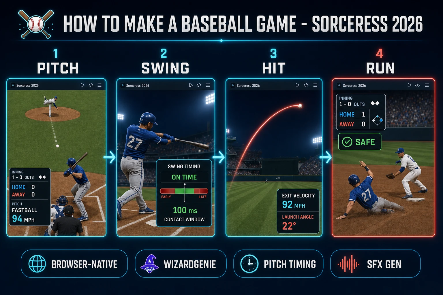 How to make a baseball game browser pipeline: pitch from the mound, time the swing, hit the ball into the outfield, and round the bases in WizardGenie with AI Image Gen uniforms and SFX Gen bat cracks