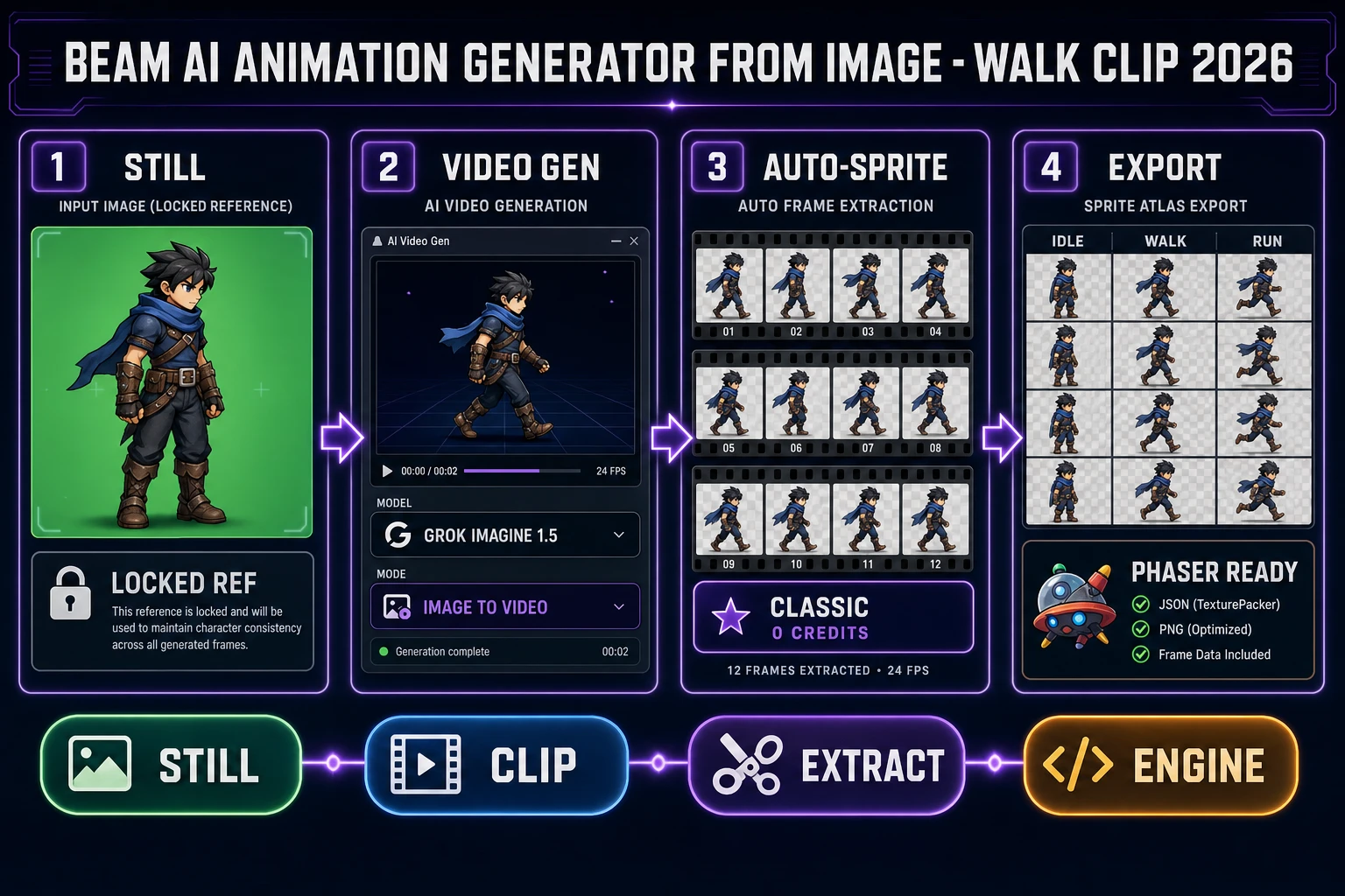 Beam ai animation generator from image walk clip 2026 pipeline still Video Gen Auto-Sprite Phaser