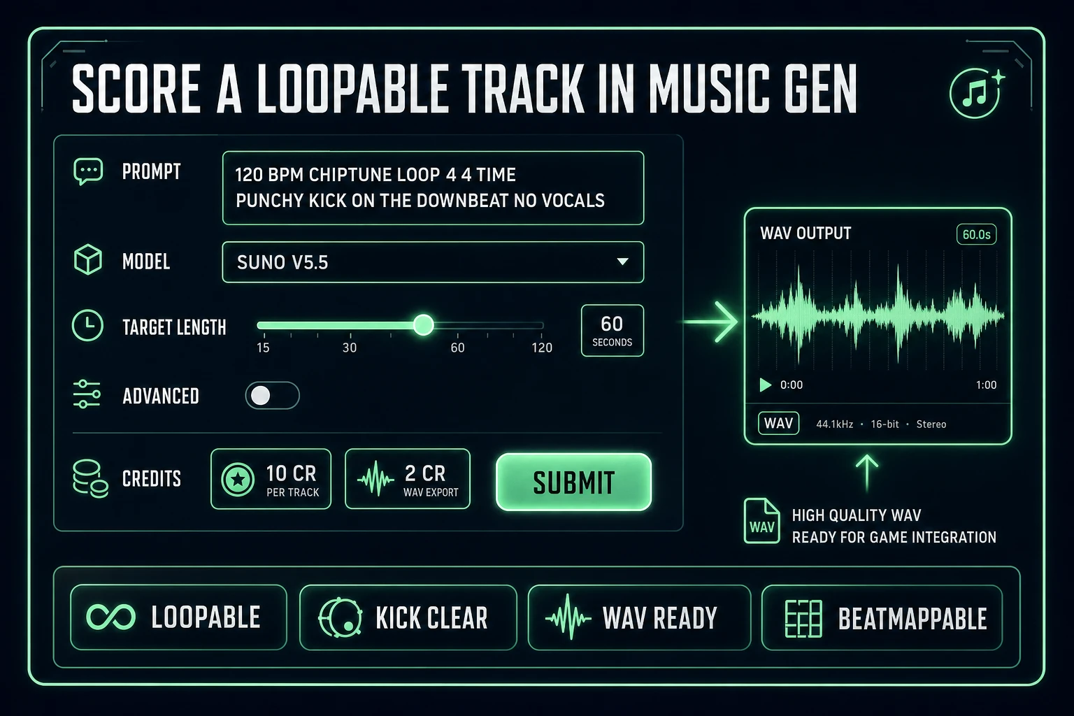 Music Gen UI: 120 BPM chiptune loop prompt, Suno V5.5 model, 60 second target, 10 credits per track, 2 credits WAV