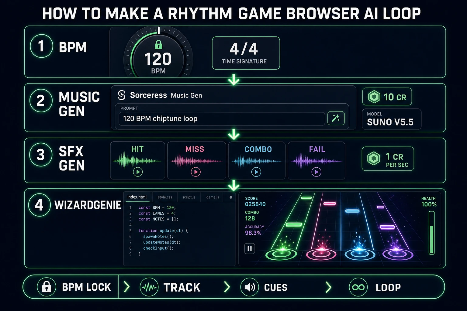 How to make a rhythm game pipeline: BPM lock, Music Gen track, SFX cues, WizardGenie input loop