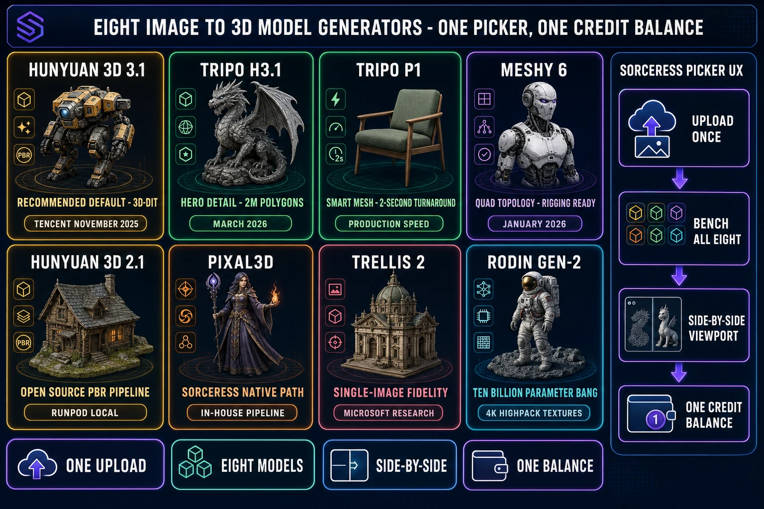 Eight image to 3D model generators arranged as a 2x4 picker grid inside Sorceress 3D Studio showing Hunyuan 3D 3.1, Tripo H3.1, Tripo P1, Meshy 6, Hunyuan 3D 2.1, Pixal3D, TRELLIS 2 and Rodin Gen-2 each with a per-model strength tagline and the single picker UX that fans out from one upload