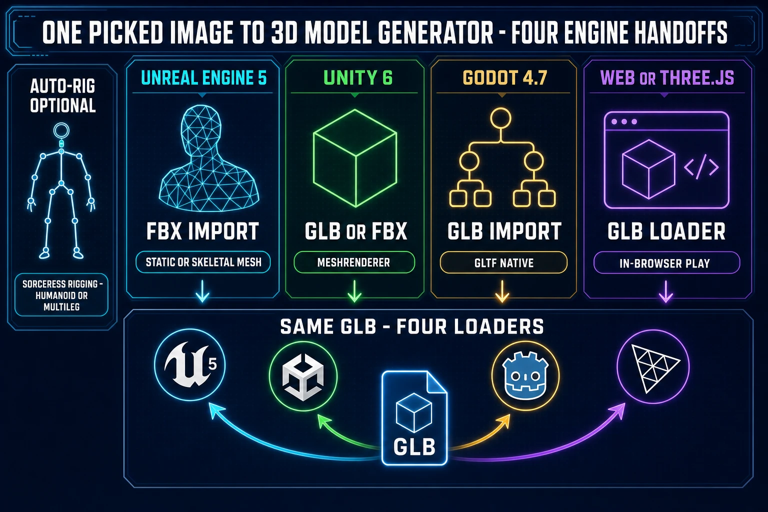 One picked image to 3D model generator output exported as a GLB and handed off to four engines - Unreal Engine 5 via FBX import, Unity 6 via GLB or FBX, Godot 4.7 via native GLTF, and a web Three.js or WebGL browser tab via GLB loader, with an optional Sorceress auto-rig step for humanoid or multi-legged subjects