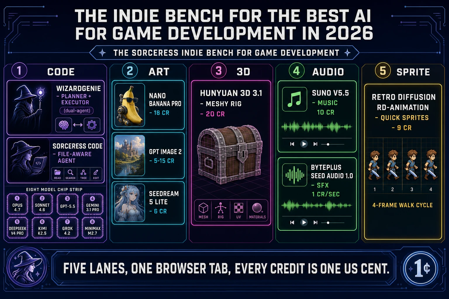 The Sorceress indie bench for the best AI for game development: a 5-column layout showing CODE (WizardGenie Planner+Executor and Sorceress Code file-aware agent with 8 model chips: Opus 4.7, Sonnet 4.6, GPT-5.5, Gemini 3.1 Pro, DeepSeek V4 Pro, Kimi K2.5, Grok 4.2, MiniMax M2.7), ART (Nano Banana Pro 18cr, GPT Image 2 5-15cr, Seedream 5 Lite 6cr), 3D (Hunyuan 3D 3.1 Meshy rig 20cr with chest mesh), AUDIO (Suno V5.5 music 10cr, BytePlus Seed Audio SFX 1cr per second), SPRITE (Retro Diffusion RD-Animation Quick Sprites 9cr with 4-frame walk cycle)