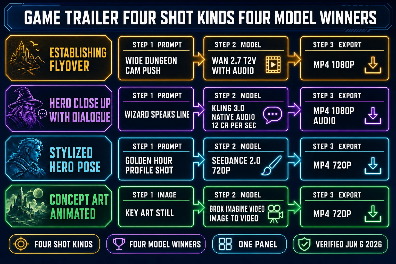 Four-lane pipeline diagram for the best AI animation video generator by trailer shot kind: establishing flyover with Wan 2.7, hero close-up with Kling 3.0 native audio, stylized hero pose with Seedance 2.0 720p, and concept art animated with Grok Imagine image-to-video, verified June 6, 2026.