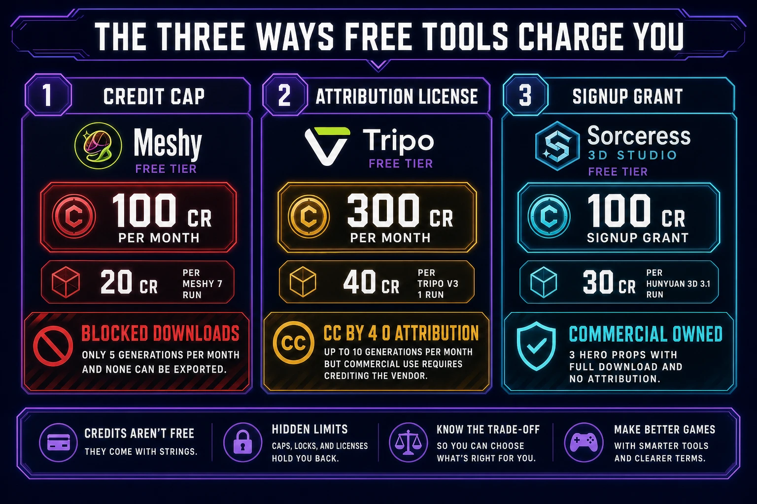 Three ways a best free ai 3d model generator charges hidden costs: Meshy Free 100 credits per month with blocked downloads, Tripo Free 300 credits per month with CC BY 4.0 attribution requirement, Sorceress 3D Studio 100 credit signup grant with commercial ownership