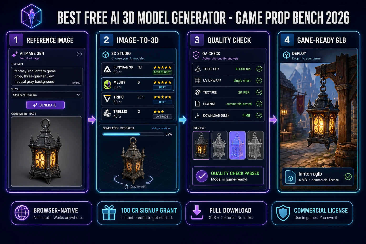 Best free ai 3d model generator game prop bench 2026: AI Image Gen reference image, 3D Studio image-to-3D with Hunyuan 3D 3.1 or Meshy 6, quality checks for topology and UV, and commercially-licensed GLB export