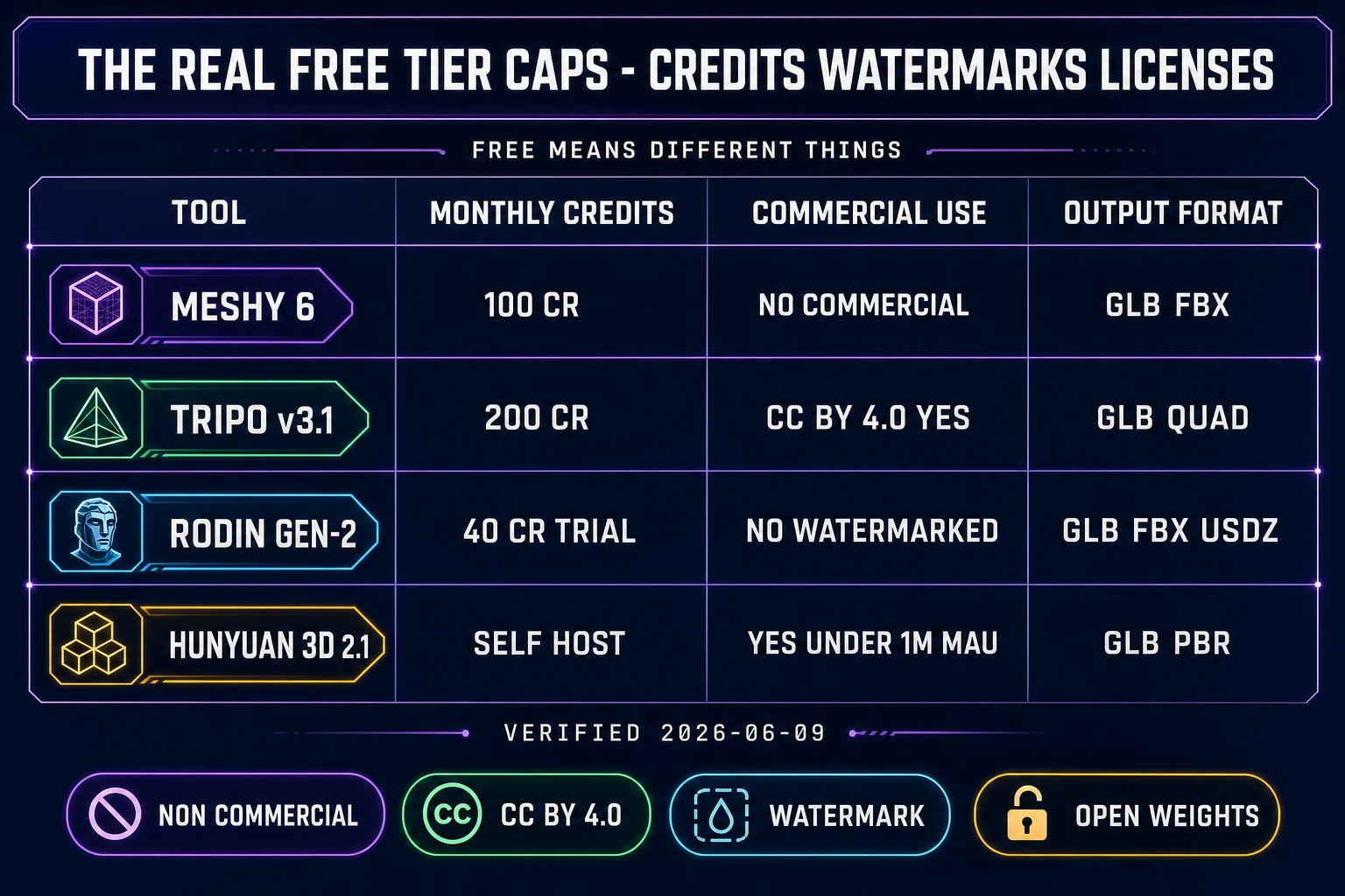 Comparison table of the best free AI 3D model generator picks for 2026 on a dark navy background: Meshy 6 100 credits monthly non-commercial GLB FBX, Tripo v3.1 200 credits monthly CC BY 4.0 GLB quad, Rodin Gen-2 40 credits trial watermarked GLB FBX USDZ, Hunyuan 3D 2.1 self-host commercial under 1M MAU GLB PBR.