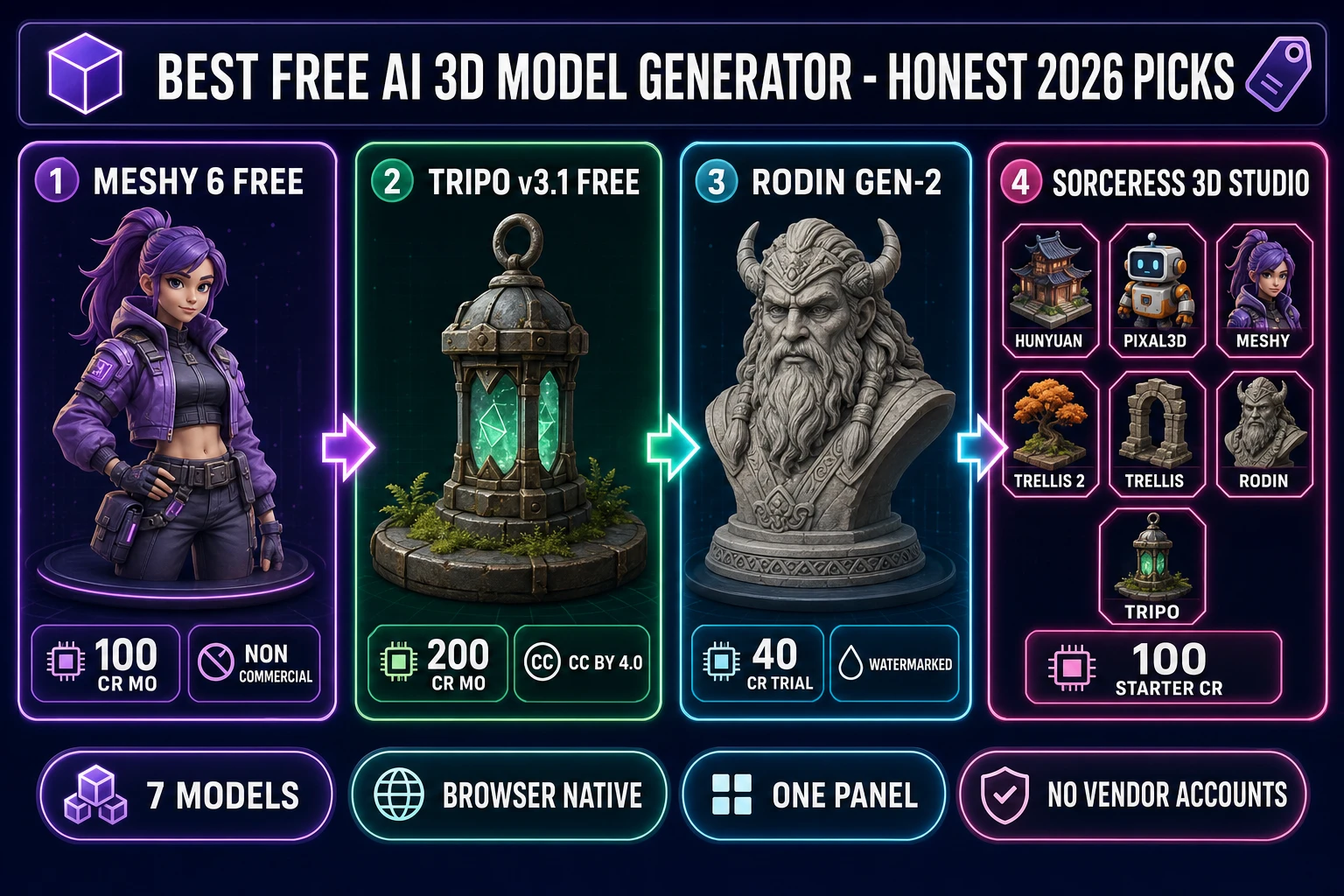 Four-panel diagram of the best free AI 3D model generator picks for 2026 on a dark navy background: Meshy 6 Free 100 credits monthly non-commercial, Tripo v3.1 Free 200 credits monthly CC BY 4.0, Rodin Gen-2 40 credit trial watermarked, Sorceress 3D Studio seven-model picker with 100 starter credits.