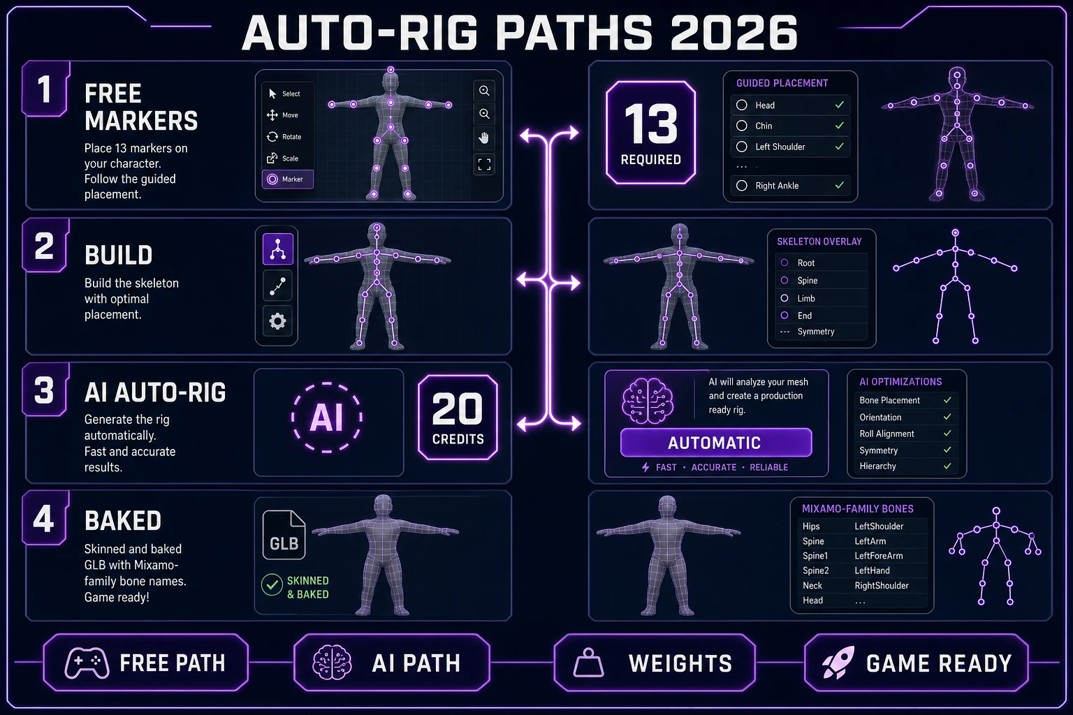 Auto-rig path comparison: free 13-marker guided placement versus 20-credit AI auto-rig with baked weights