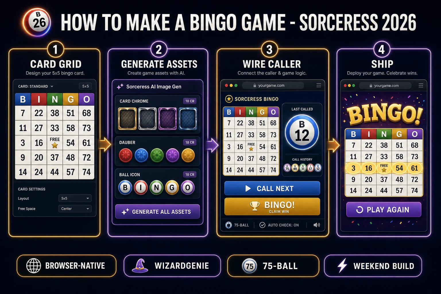 How to make a bingo game browser pipeline: build the 5x5 card grid, generate chrome assets, wire the caller and win detector in WizardGenie, and ship a browser build