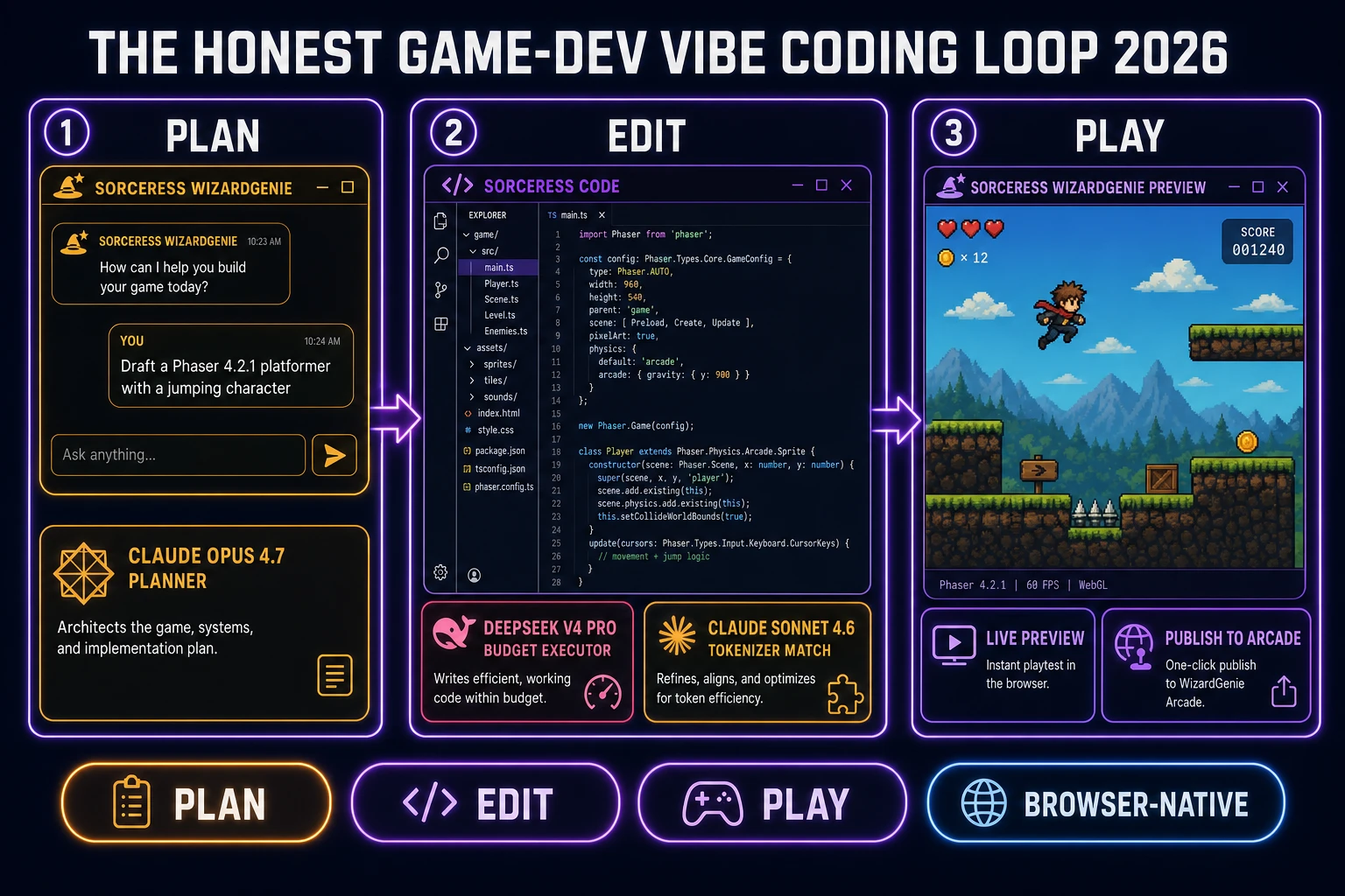 Game development vibe coding workflow diagram with Sorceress WizardGenie as planner Sorceress Code as executor and a live Phaser scene preview