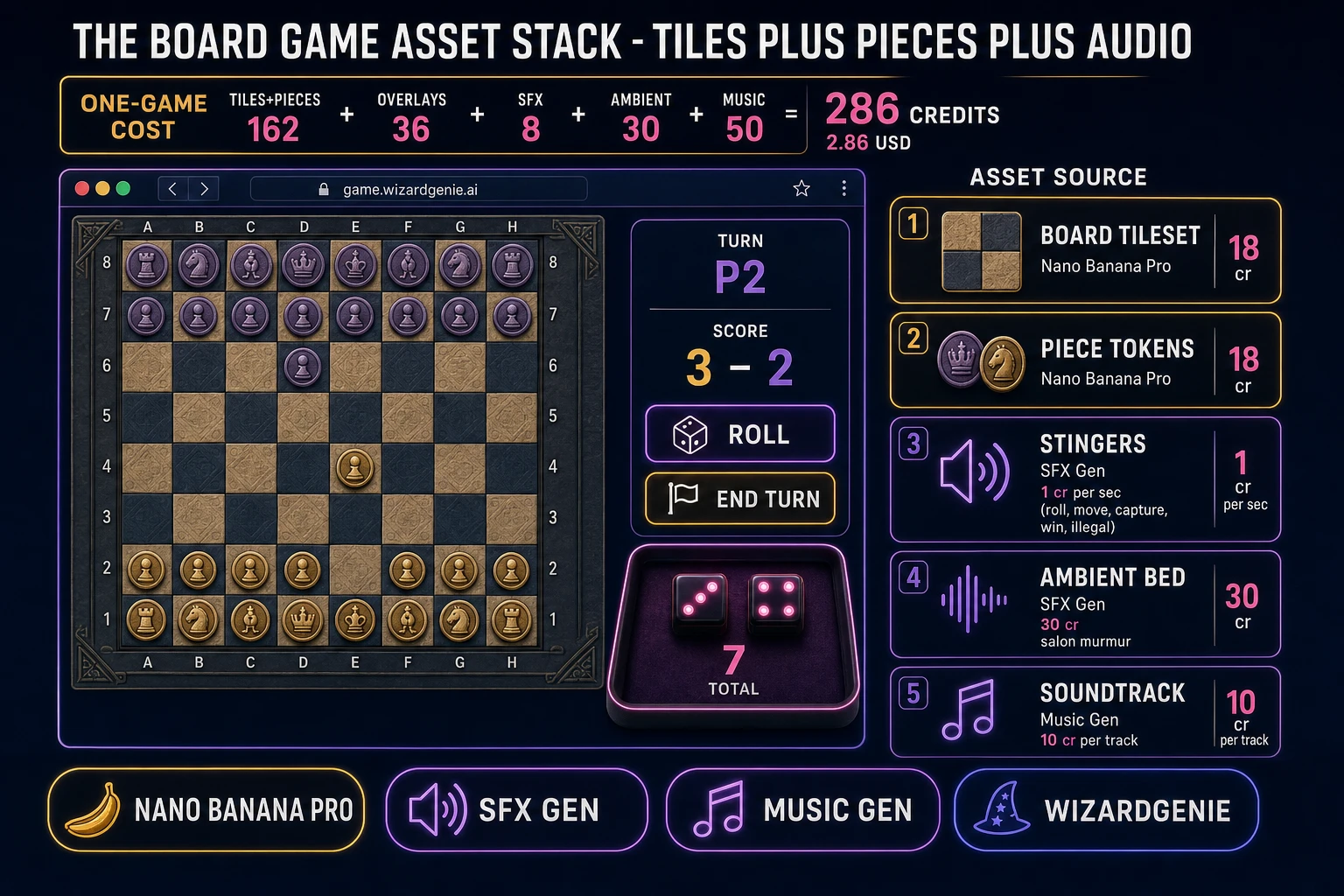 Board game asset stack showing a browser 8x8 board with tokens and a dice tray, next to asset-source tiles for tileset, pieces, stingers, ambient loop, and music tracks