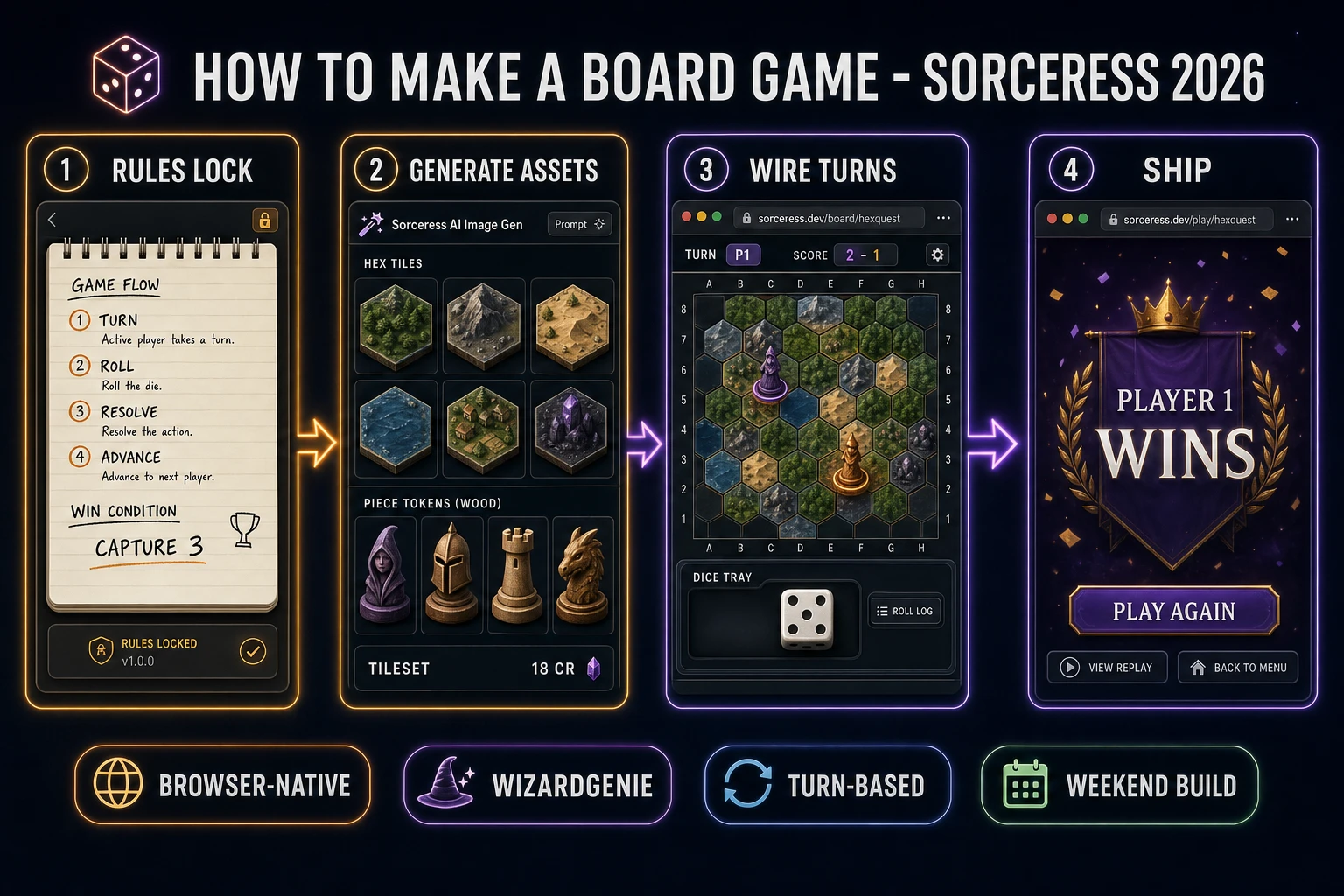 How to make a board game browser pipeline: rules lock, AI tileset and pieces, WizardGenie turn loop, and ship a browser tabletop