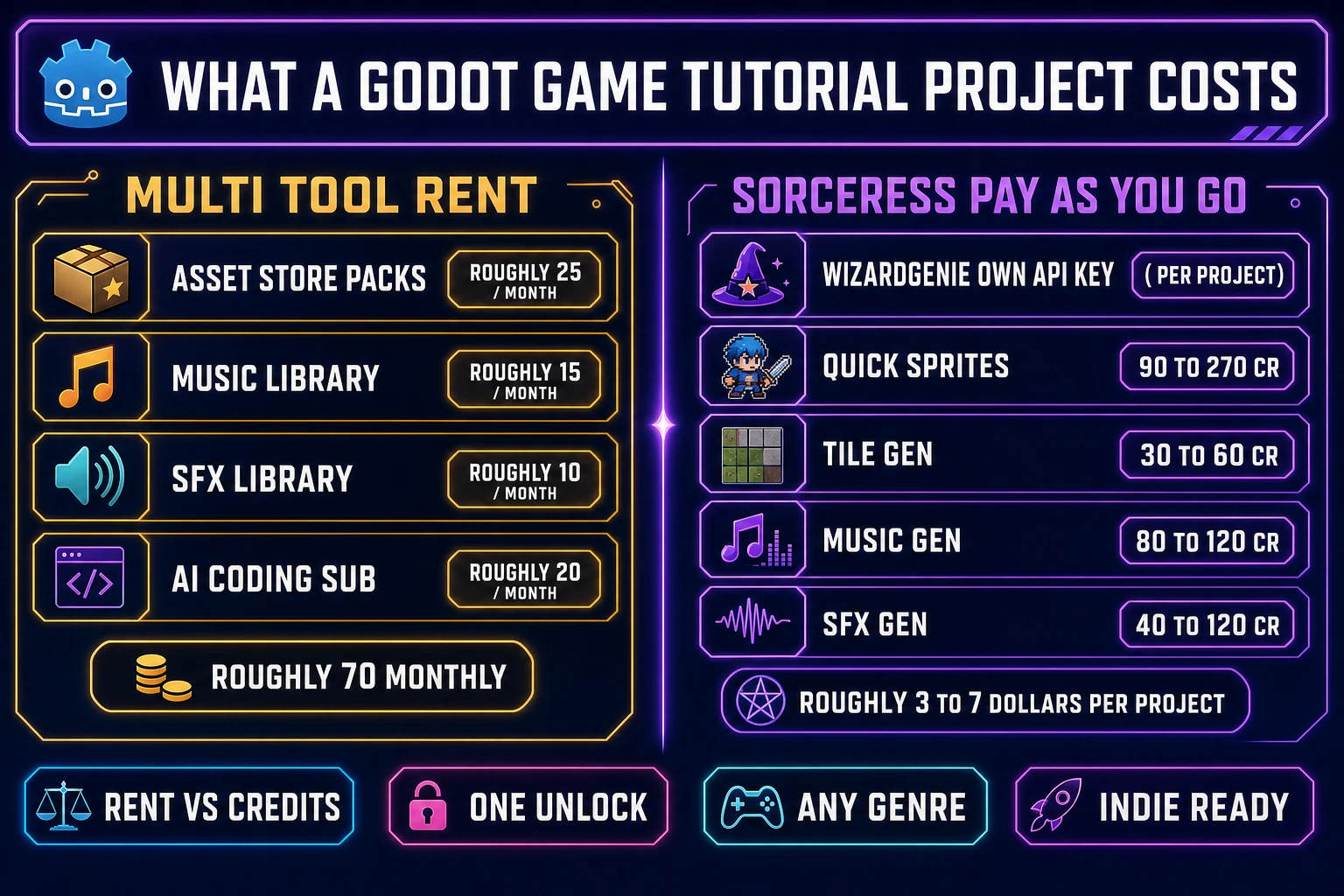 What a godot game tutorial project costs &mdash; multi-tool rent versus Sorceress pay-as-you-go credits with per-tool credit costs