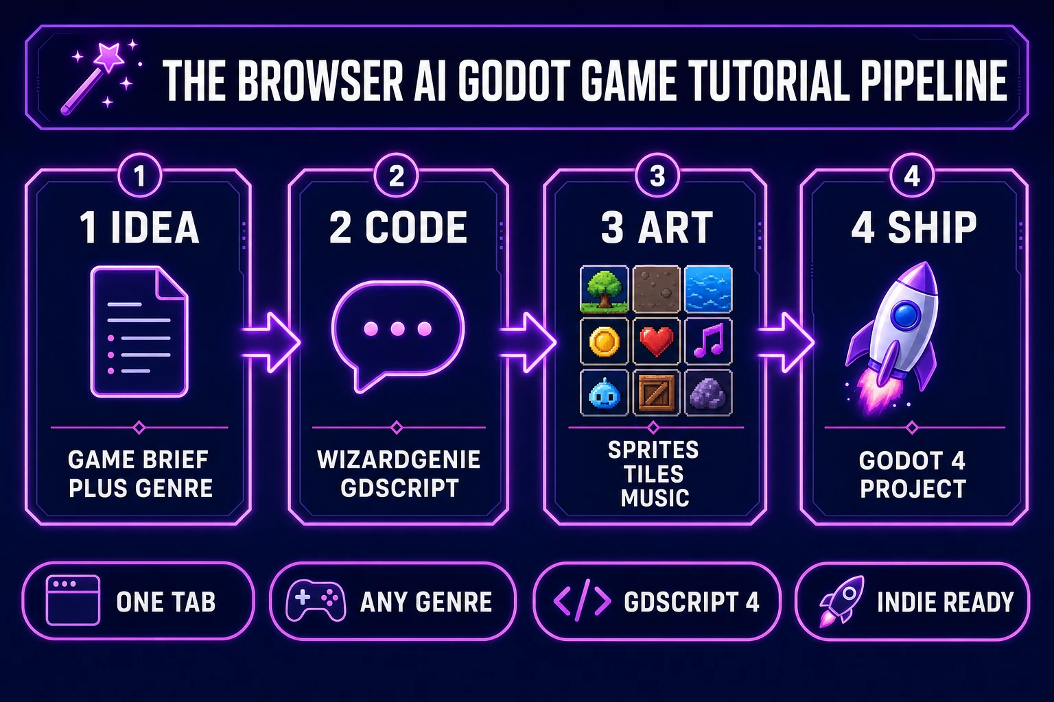 Browser AI godot game tutorial pipeline &mdash; four numbered panels for idea, WizardGenie GDScript, Sorceress sprites tiles music, and a Godot 4 project