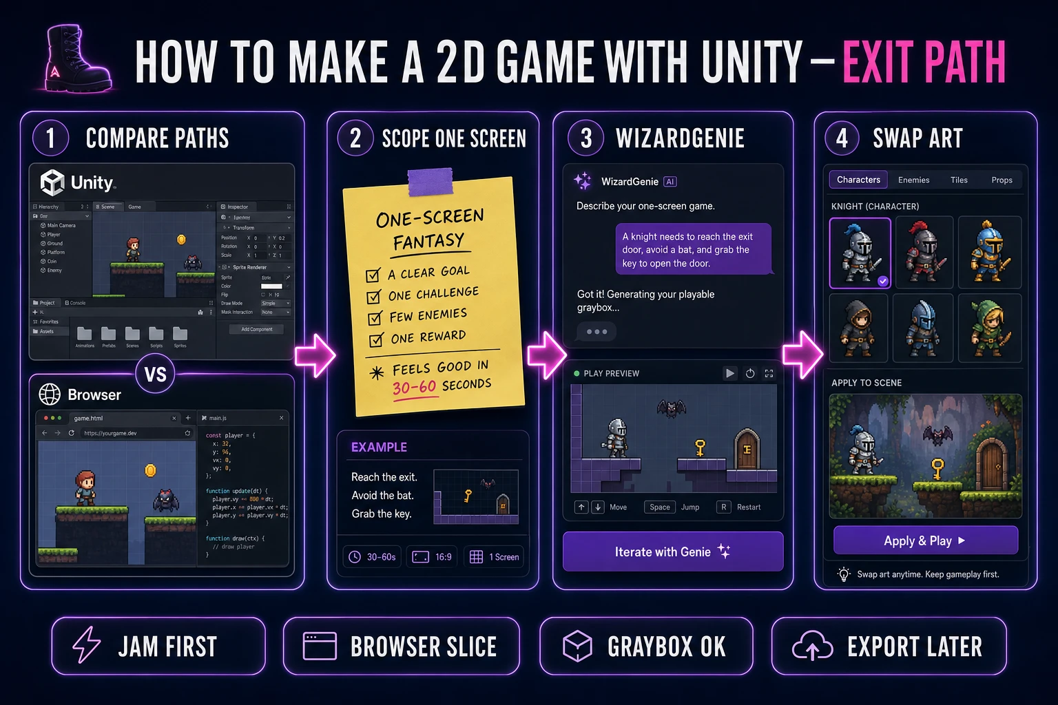 How to make a 2D game with Unity exit path pipeline from path compare through WizardGenie scaffold to art swap