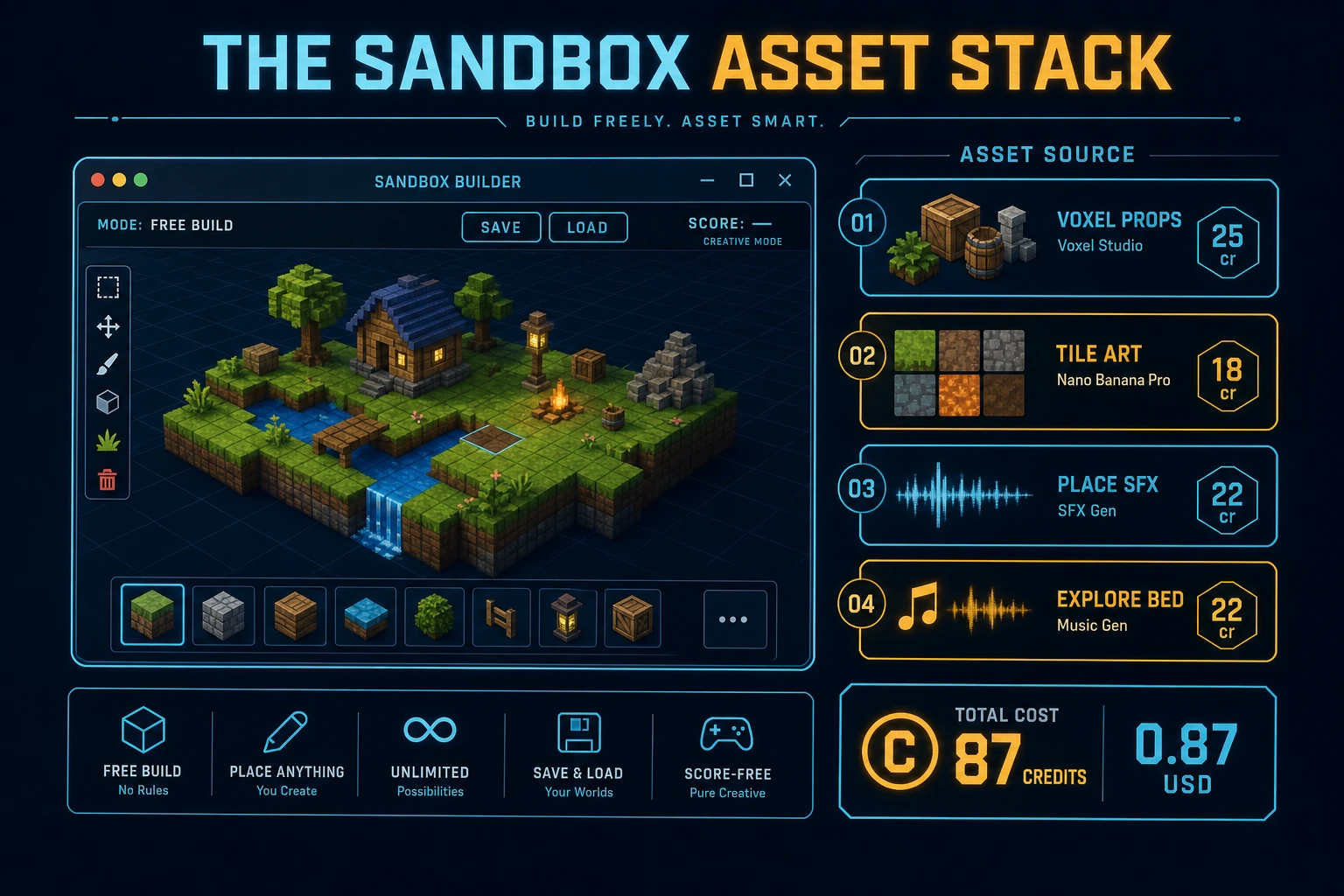 Sandbox asset stack diagram showing Voxel Studio props, AI Image Gen tiles, SFX Gen place cues, optional Music Gen bed, and total credit cost under one dollar