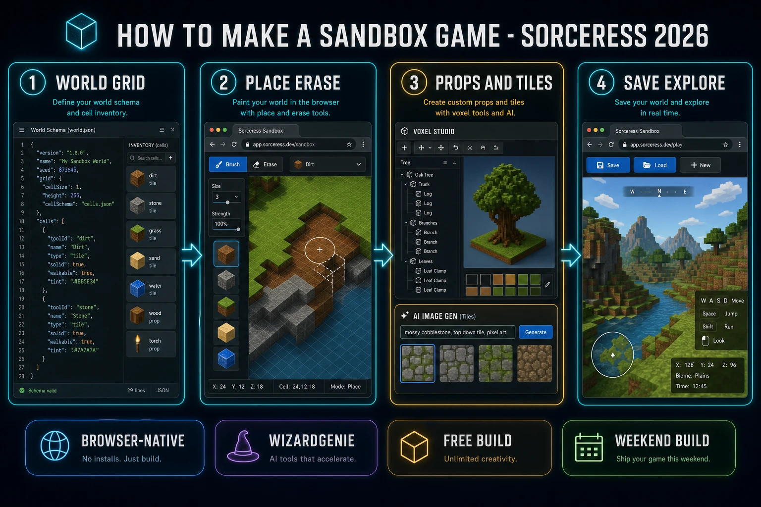 How to make a sandbox game browser pipeline: model a world grid, wire place and erase in WizardGenie, add Voxel Studio props and tile art