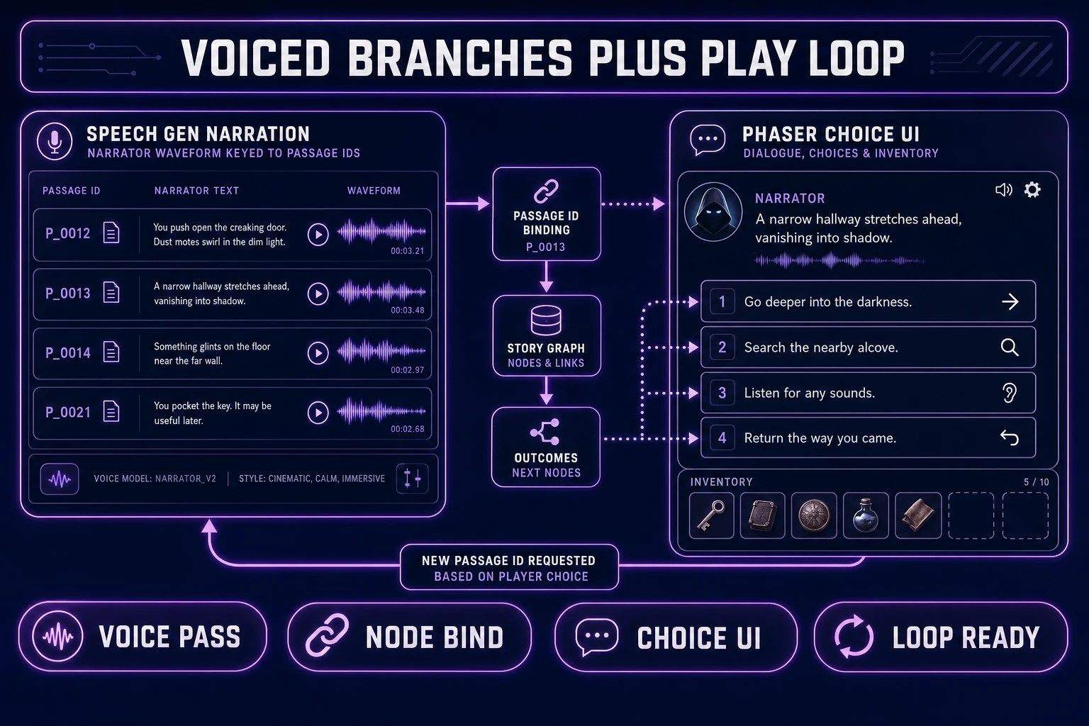 Speech Gen narrator lines bound to ai text adventure passage IDs with Phaser 4.2 choice UI and inventory strip, verified July 14, 2026
