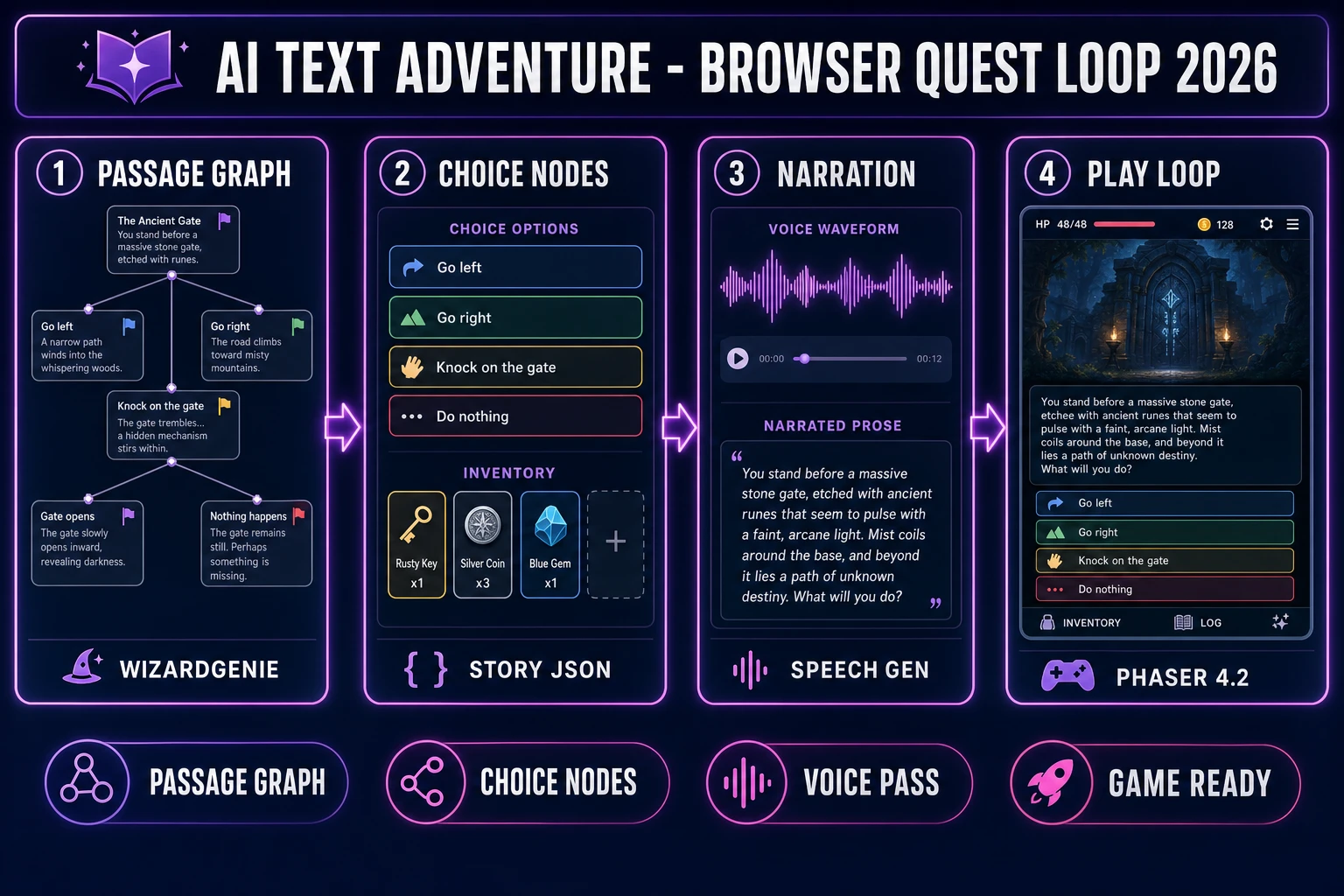 AI text adventure in 2026, four-step browser quest loop from WizardGenie passage graph through choice nodes and Speech Gen narration to Phaser play loop, verified July 14, 2026