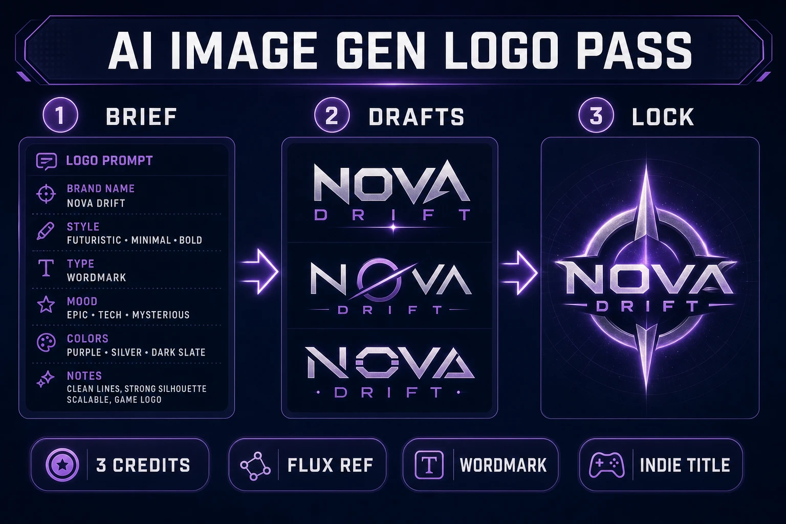 AI Image Gen logo pass for game logo maker — brief, draft thumbnails, and locked wordmark panels