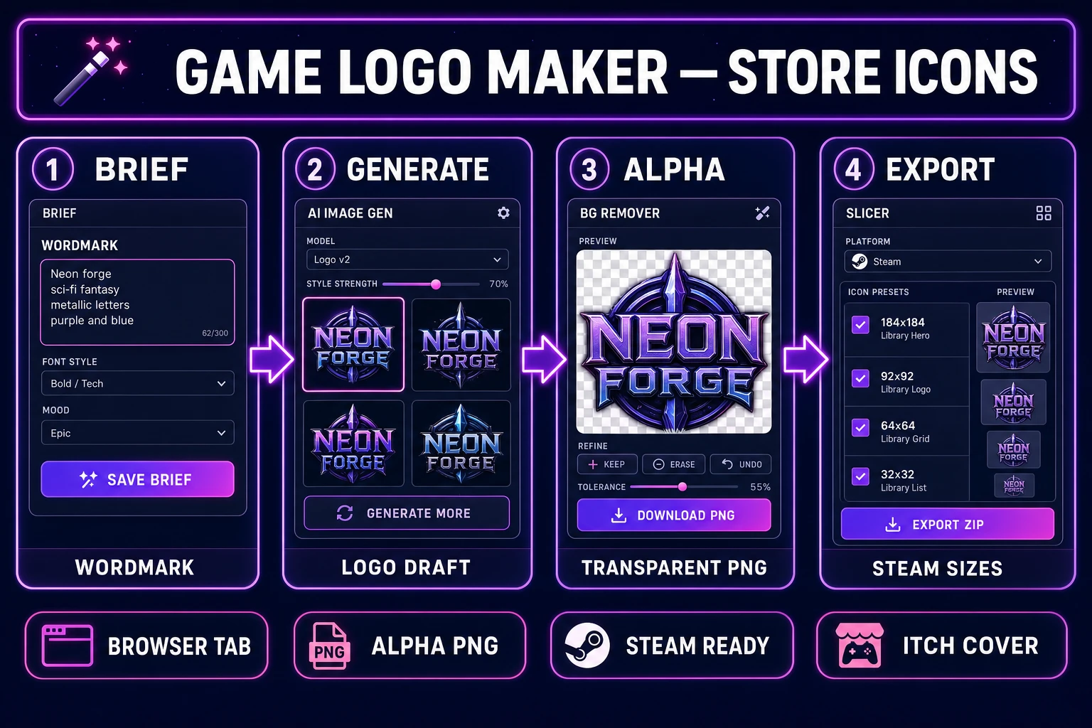 Game logo maker pipeline diagram — four numbered panels for wordmark brief, AI Image Gen draft, BG Remover alpha, and Steam size export