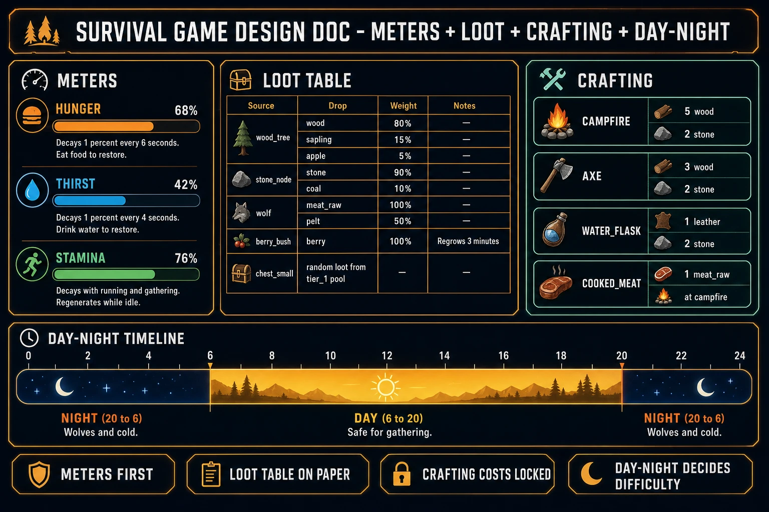 Survival game design doc with meters, loot table, crafting recipes, and day-night timeline laid out on one dashboard