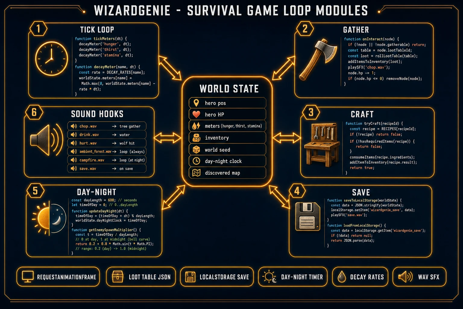 WizardGenie survival game code architecture with six modules: tick loop, gather, craft, save, day-night, sound hooks around a central WorldState