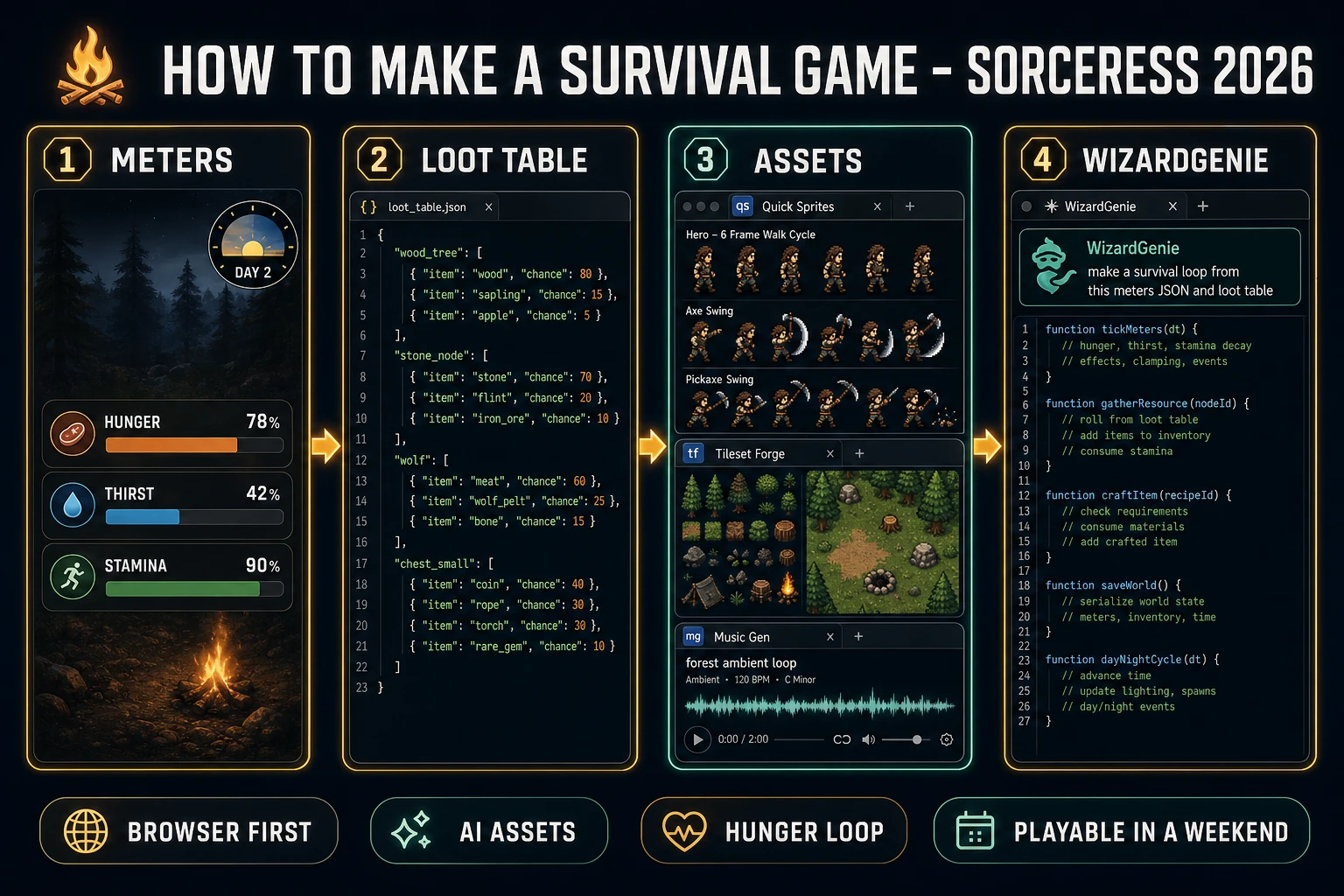 How to make a survival game pipeline: design meters and loot tables, generate assets in Sorceress, let WizardGenie code the browser tick loop