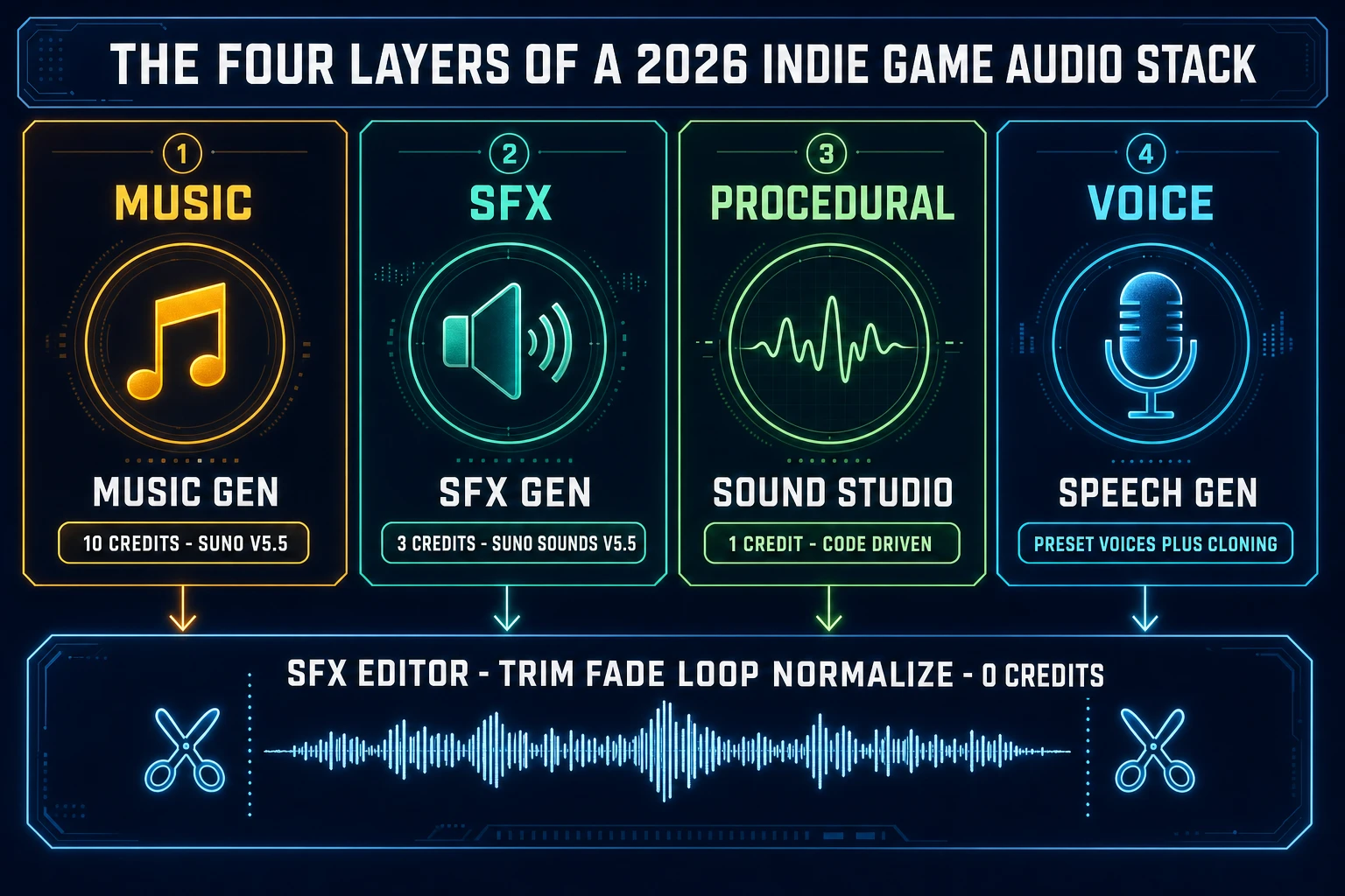 Four layers of a 2026 indie game audio stack - Music Gen 10 credits underscore Suno V5.5, SFX Gen 3 credits Suno Sounds V5.5, Sound Studio 1 credit procedural code, Speech Gen voice and dialogue with SFX Editor zero credits master pass