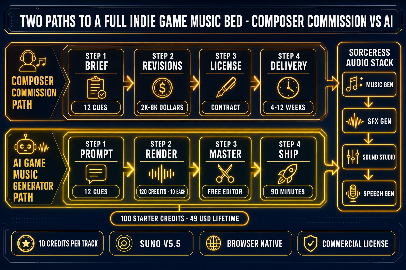 Two paths to a complete indie game music bed - composer commission path with brief revisions licensing delivery versus ai game music generator path with prompt render variation pick mix master ship to engine