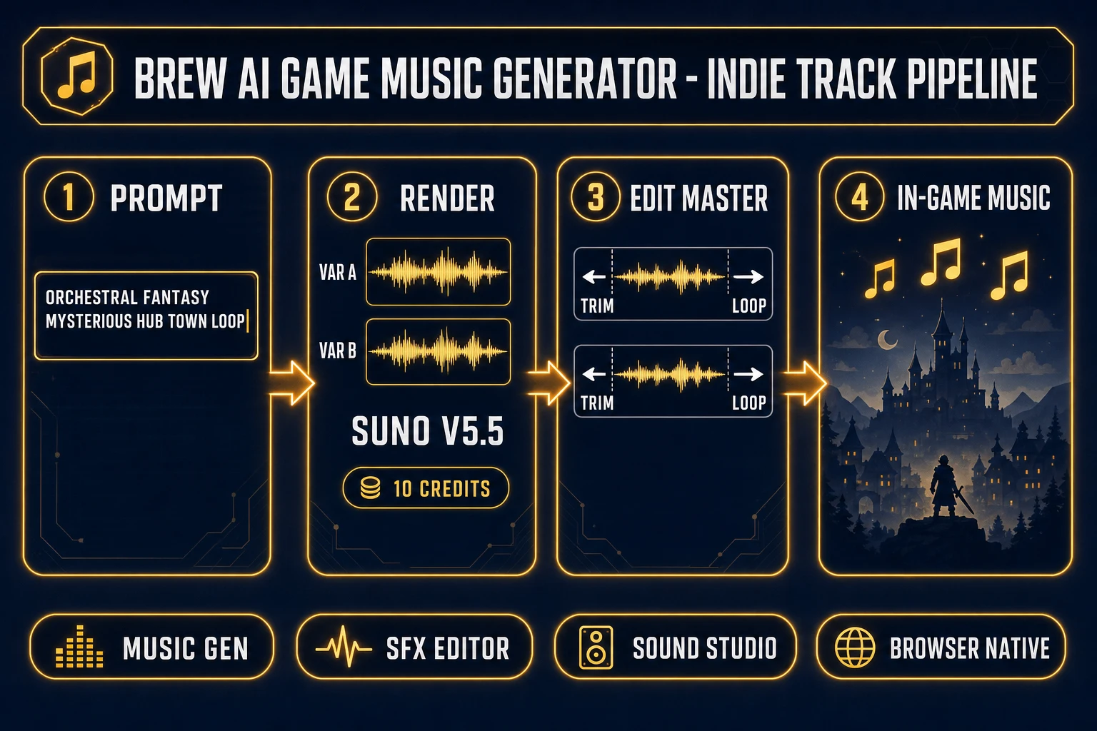 AI game music generator pipeline diagram for indie games - prompt Music Gen Suno V5.5 two variations Sound Studio procedural Speech Gen voice layer SFX Editor master output
