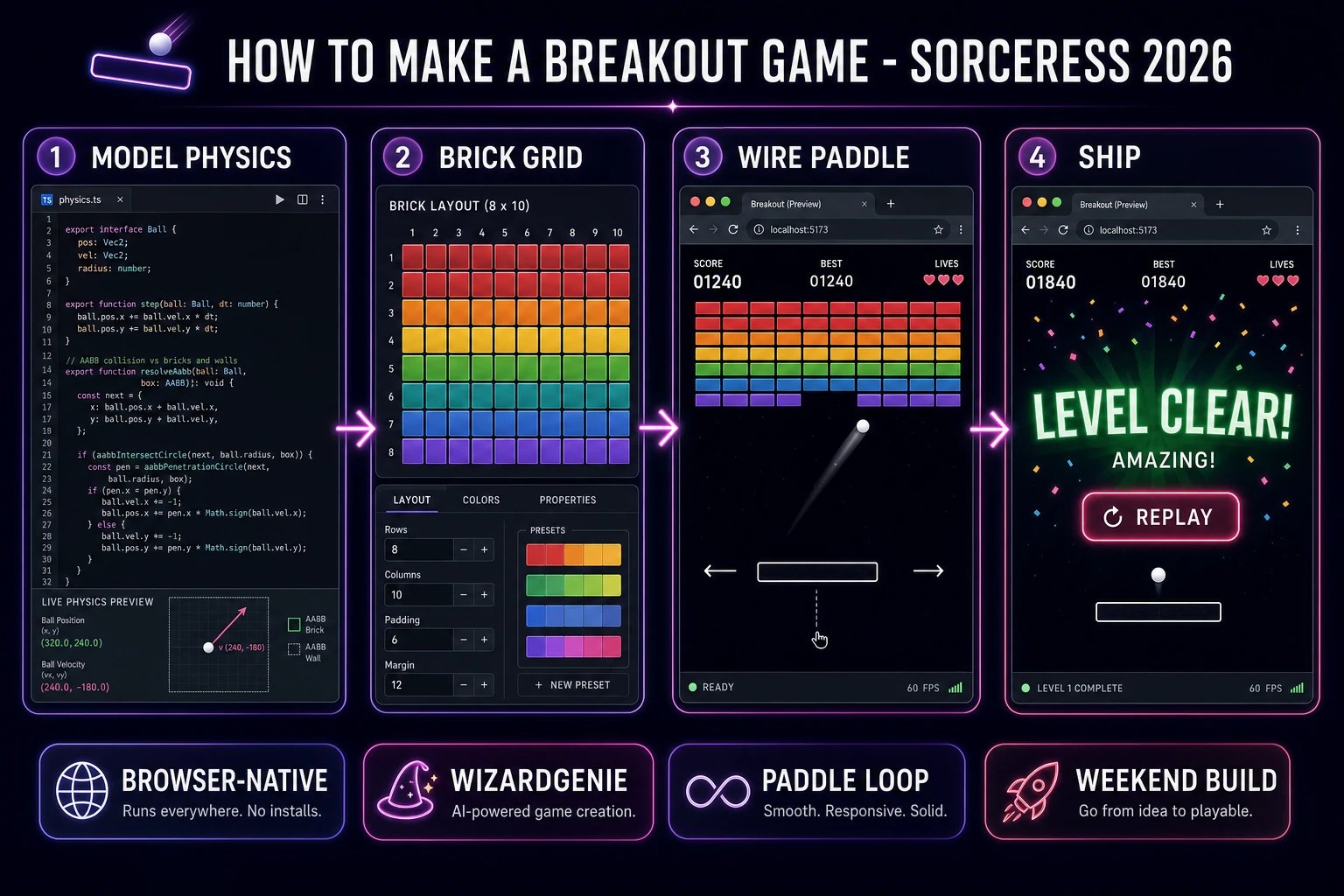 How to make a breakout game browser pipeline: model ball physics and a brick grid, wire paddle control in WizardGenie, and ship a browser paddle loop
