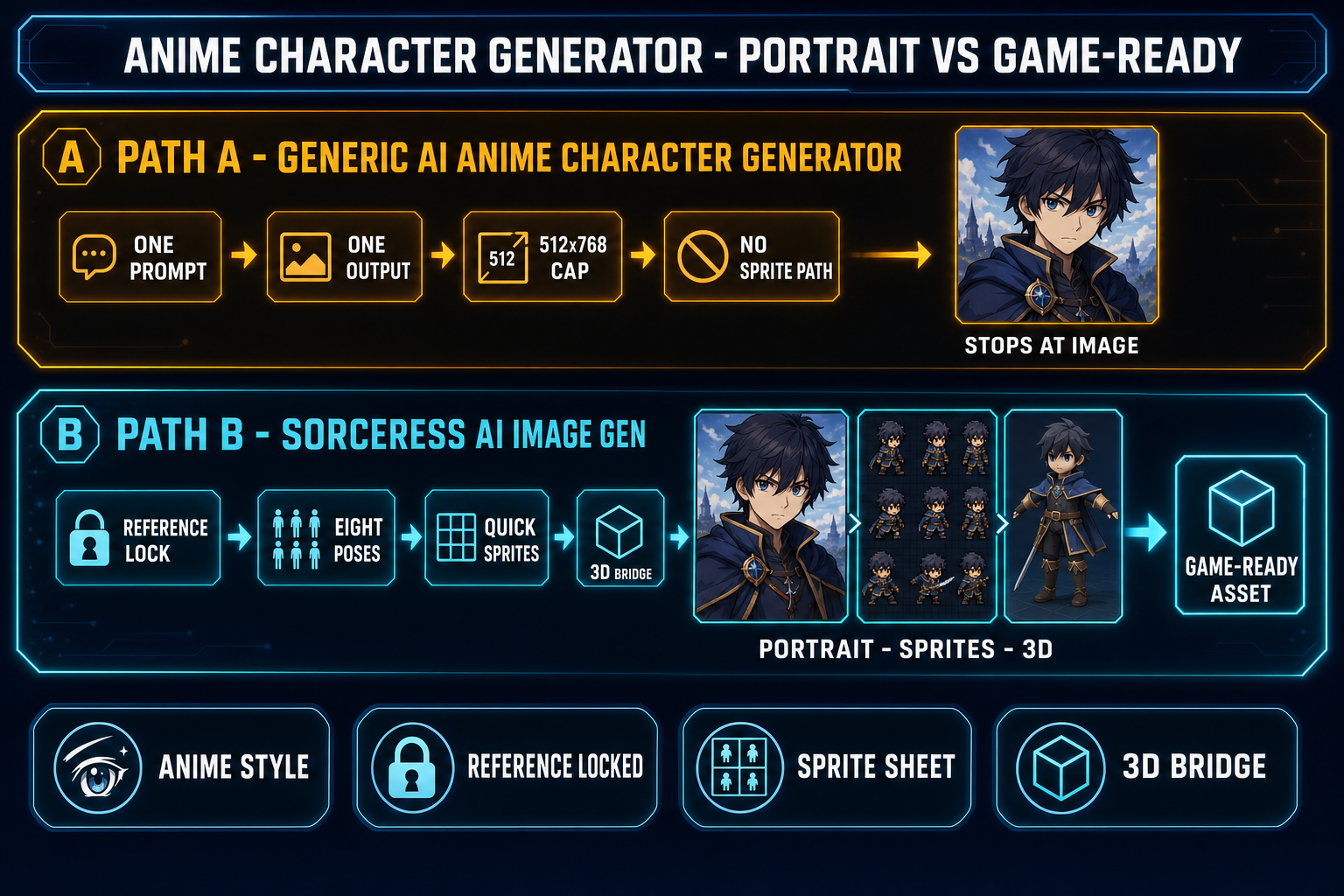 Side-by-side diagram contrasting a generic AI anime character generator workflow with the Sorceress AI Image Gen workflow, top lane shows one prompt one output 512x768 cap and no sprite path with a single anime portrait, bottom lane shows reference lock eight poses Quick Sprites and a 3D bridge with the same anime hero appearing as a portrait a sprite sheet and a 3D model, both lanes on a dark navy background with amber and cyan accents
