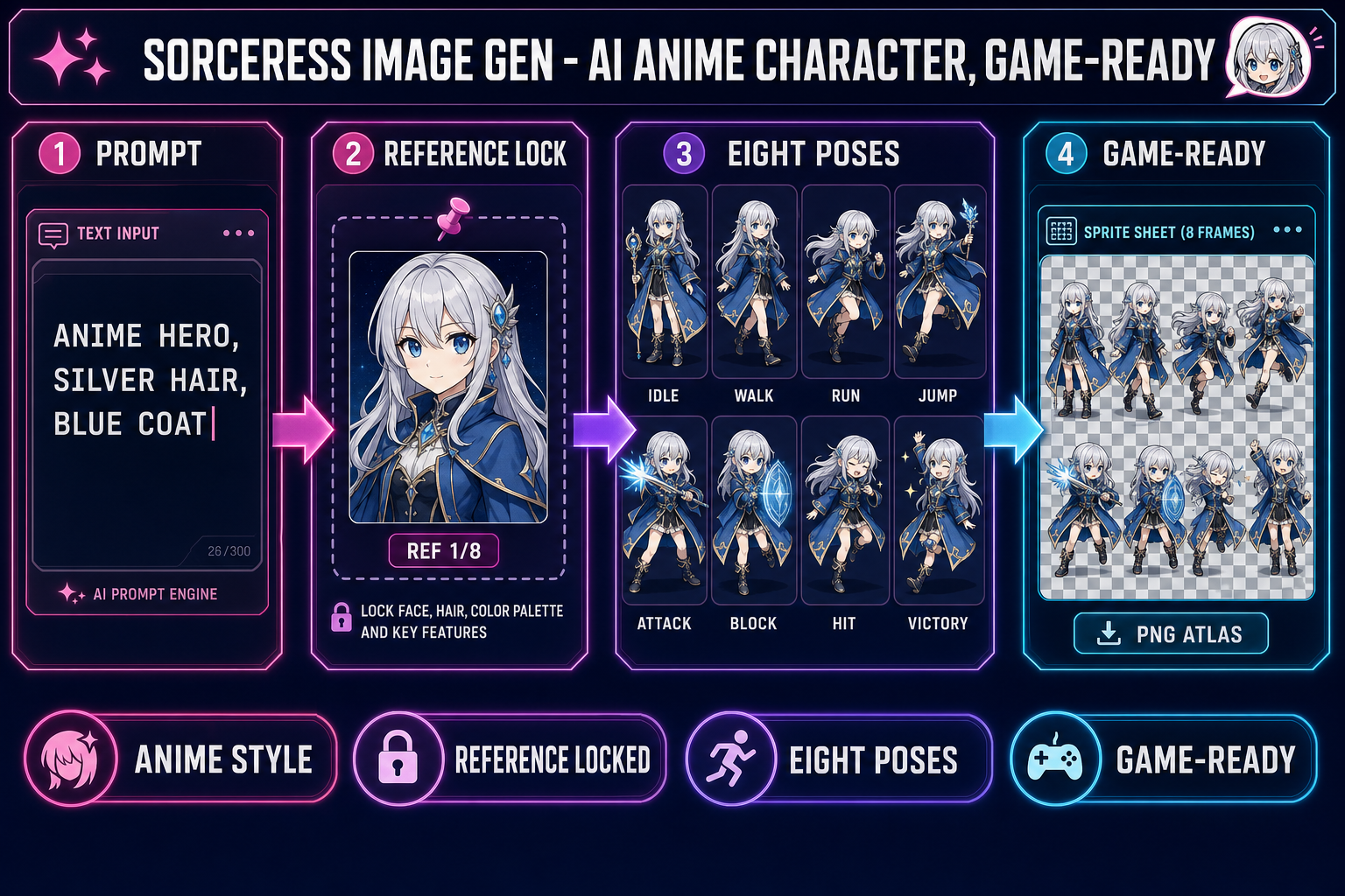 Four-step reference-locked AI anime character generator workflow inside Sorceress AI Image Gen showing a prompt input, a pinned anime portrait reference image, an eight-pose grid of the same silver-haired anime hero, and a final transparent sprite sheet output, on a dark navy background with magenta cyan and purple accents