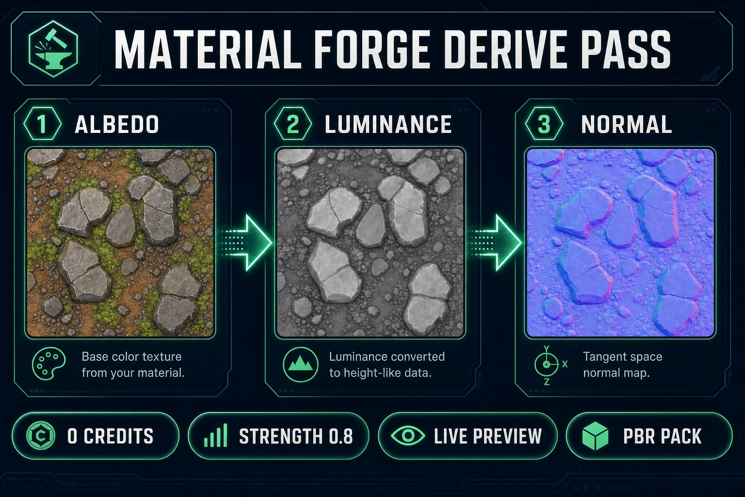 Albedo to luminance buffer to purple tangent-space normal map derive