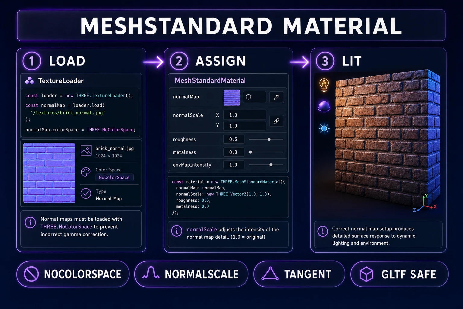Three.js MeshStandardMaterial normalMap assignment with NoColorSpace