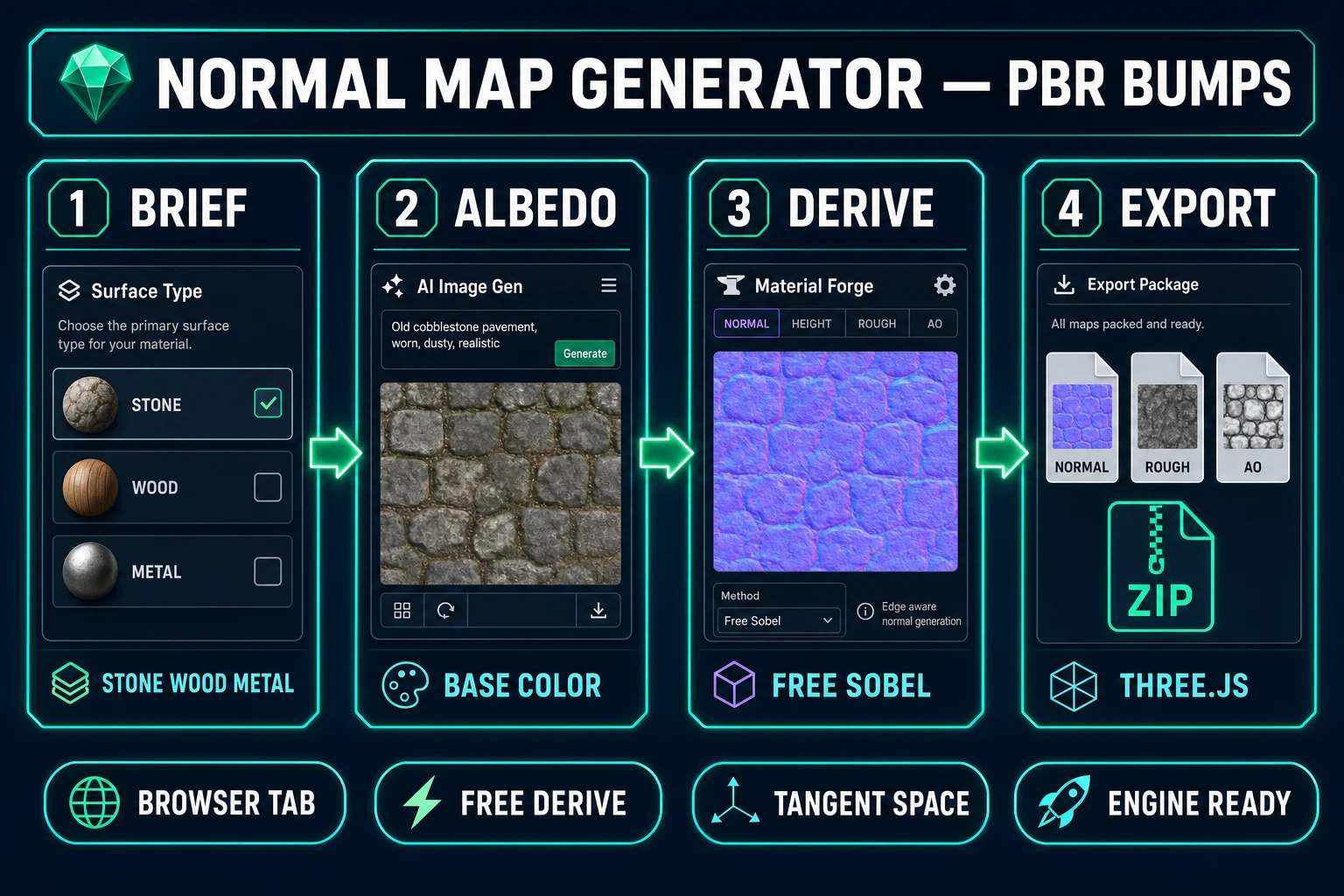 Normal map generator pipeline from albedo brief to Material Forge derive to Three.js export