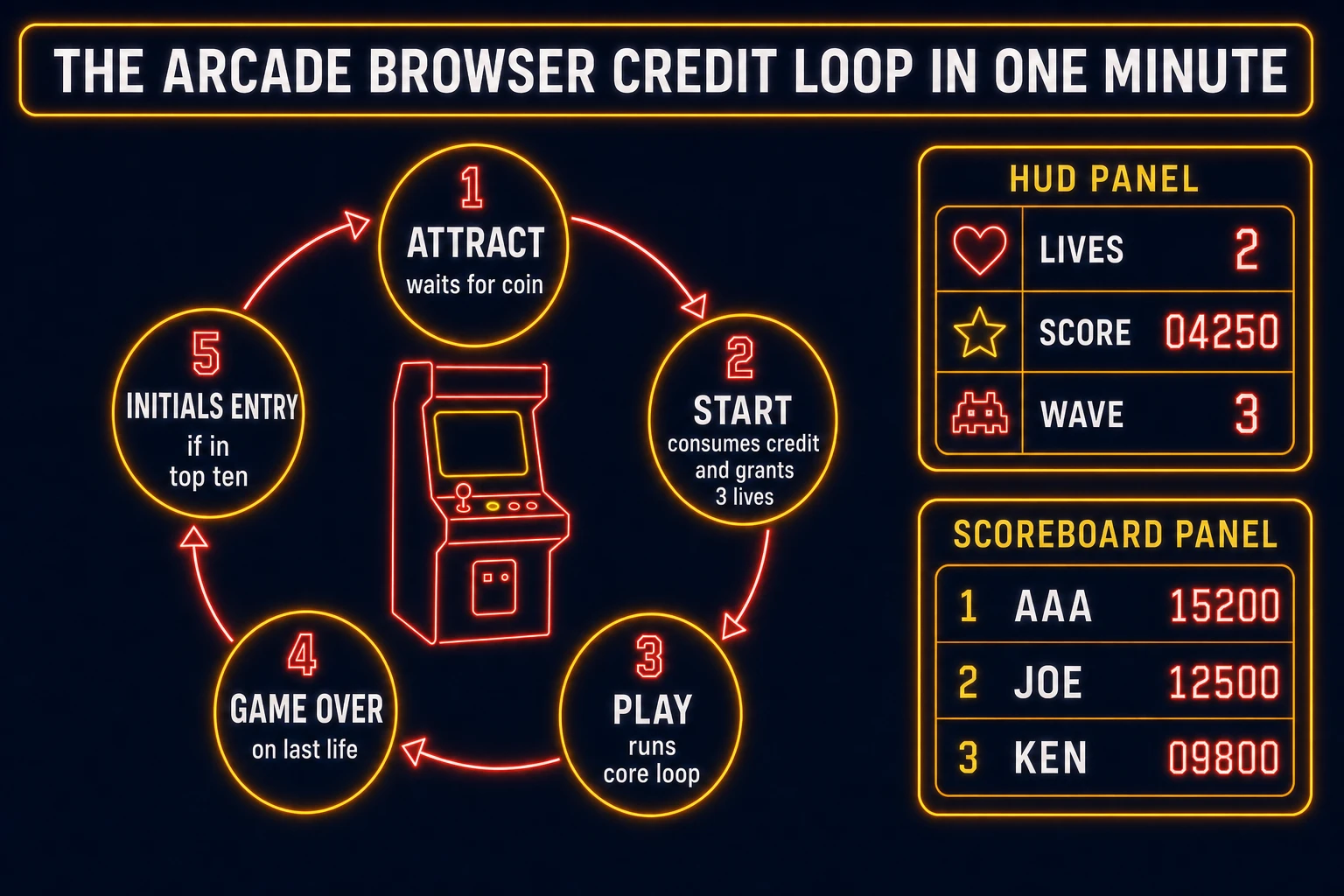 Arcade browser credit loop state machine diagram showing attract mode, credit consumption, play state, game over, and initials entry