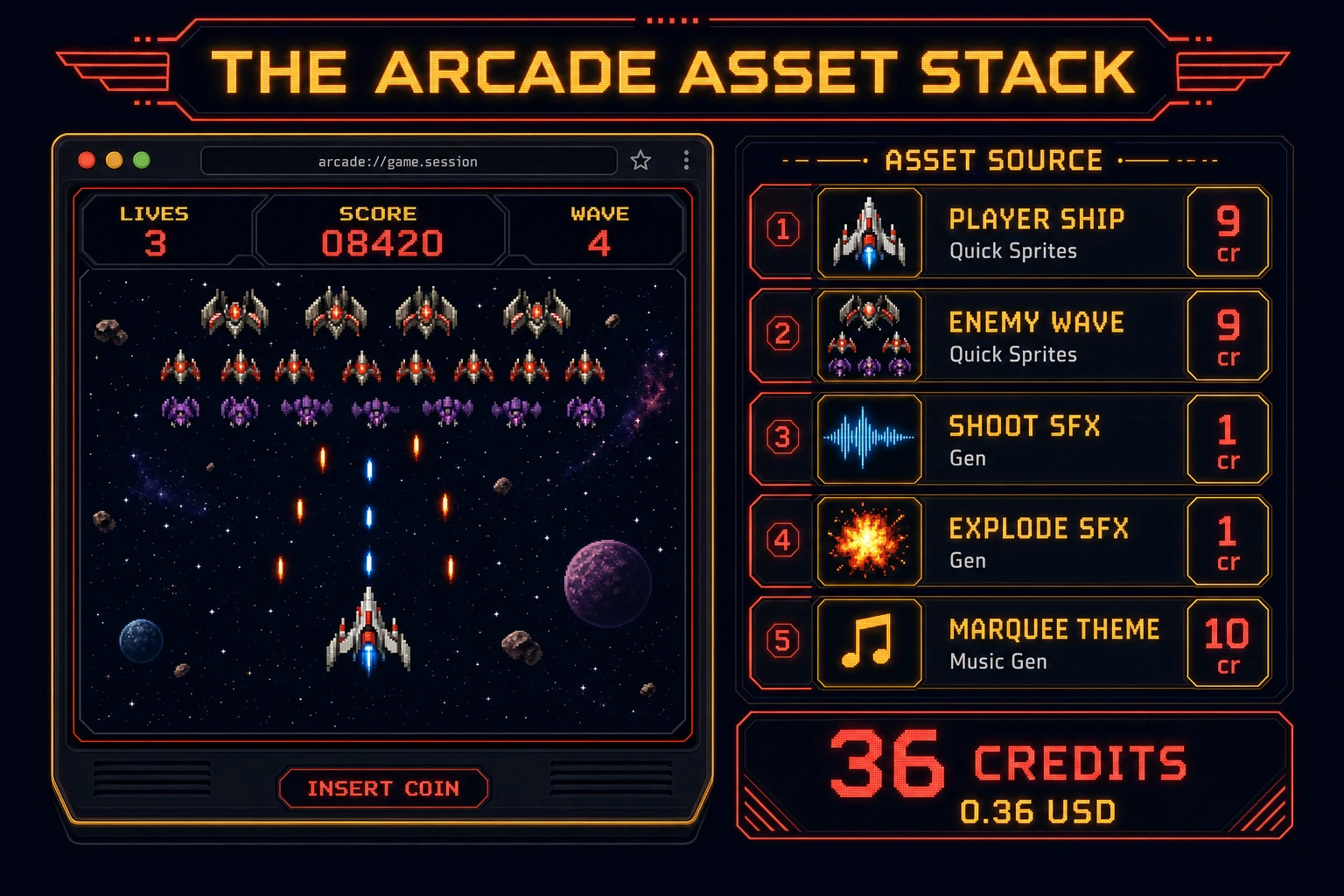 Arcade game asset stack diagram showing Quick Sprites player and enemy, SFX Gen cues, Music Gen marquee theme, roughly 36 credit total